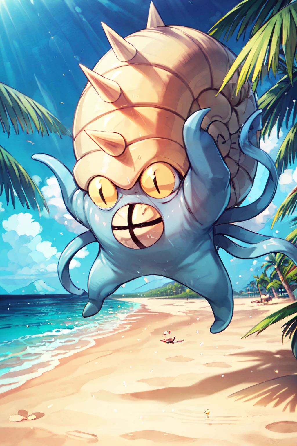 ((masterpiece,best quality)), absurdres,   (tropical drink:1), <lora:OmastarPokemon:0.8>,   zzOmastar, looking at viewer, sitting, beach, sand, tropical plants, no humans,