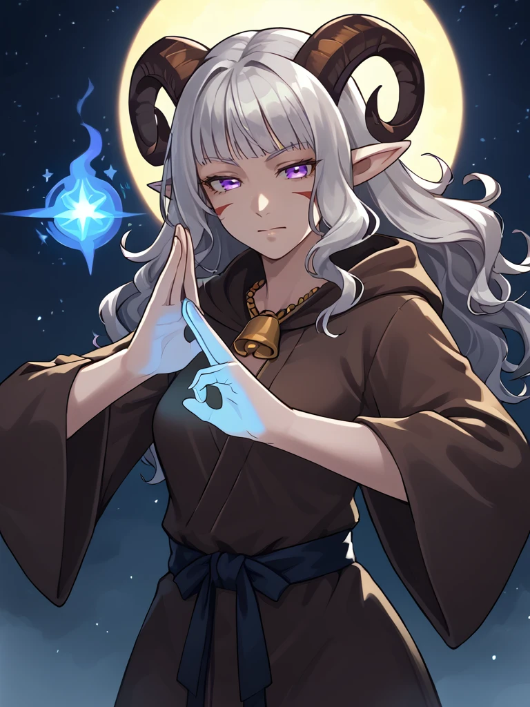 <lora:hand_gesture_æå°ìì¸:0.8> hand gesture,  source_furry, score_7_up, rating_safe, cowboy shot, gold necklace, tiefing, short pointed ears, brown horns, (a pair of brown sheep Horns that begin at her temples and curve back: 1.5), bangs, long silver hair long wavy hair, pale skin, <lora:whisker_markings:0.8>red whisker_markings, short pointy ears, purple eyes, <lora:age_slider_v4:0.6>   medium breasts, skinny female, close up, silver hair, <lora:Tieflingnew weird fantasyDND:0.3> Tiefling, pointed ears, horns, half-closed eyes<lora:Smooth Style 2 SDXL_LoRA_Pony Diffusion V6 XL:0.5> bell, robe, hood off,blue magic on hands, healing, fighting stance, dark sky, sapce stars,