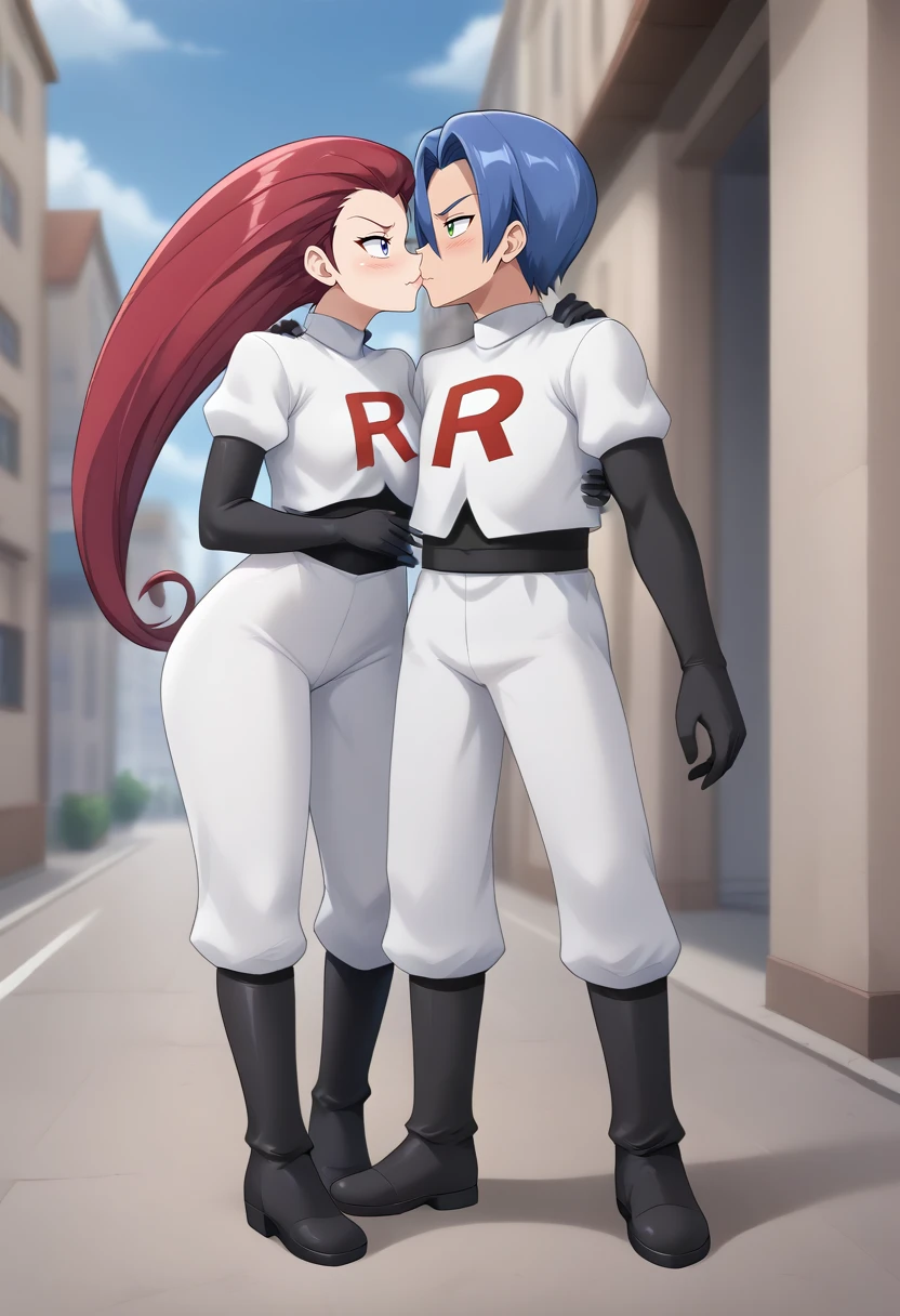 1girl, 1boy, Jessie, James, kissing cheek, flustered male, assertive female, wavy mouth, puckered lips, blue hair, red hair, Pokémon, Team Rocket uniform, standing, dynamic pose, full body, alleyway, city, daytime, clouds, white uniform, black boots, white miniskirt, black gloves, elbow gloves  <lora:SDXL_Hyper:1> <lora:Timm_Style_XL:0.8> <lora:breasts++-PD-swooping-1.0:1>  <lora:Double_Double_Trouble_Trouble:1>