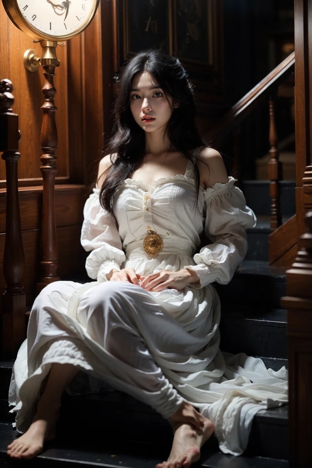 photorealistic,realistic,photography,masterpiece,best quality,ultra-detailed,extremely detailed CG unity 8k wallpaper,(reality: 1.4),1girl,solo,long hair,looking at viewer,black hair,long sleeves,dress,sitting,full body,barefoot,puffy sleeves,white dress,lips,stairs,realistic,clock,red lips,girl clock, <lora:JAY - Girl Clock:0.8>