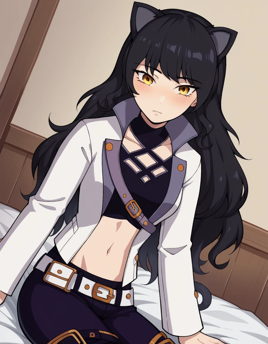 score_9, score_8_up, score_7_up, source_anime, <lora:blake-belladona-ponyxl-lora-nochekaiser:1>, blake, blake belladonna, long hair, black hair, yellow eyes, bow, hair bow, black bow, long hair, bangs,, navel, midriff, belt, jacket, white jacket, long sleeves, open clothes, halterneck, criss-cross halter, pants, black pants, bangs, animal ears, cat ears,, indoors, bed, bed room, on side, blush, drunk, looking at viewer, solo, cowboy shot, dutch angle