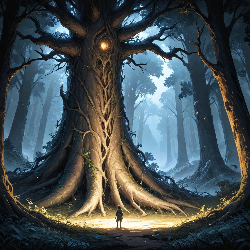 <lora:sdxl_lightning_8step_lora:1>,(masterpiece,best quality,4K,anime),Standing tall, Defiant, Serene, with a hint of tension and defiance, Forest ,Dense and untamed forest with towering ancient trees, gnarled roots protruding from the ground, moonlit clearings, scattered bones and remnants of prey, hidden caves and dens,Mysterious moonlight filtering through the canopy, casting ethereal beams of light on the forest floor