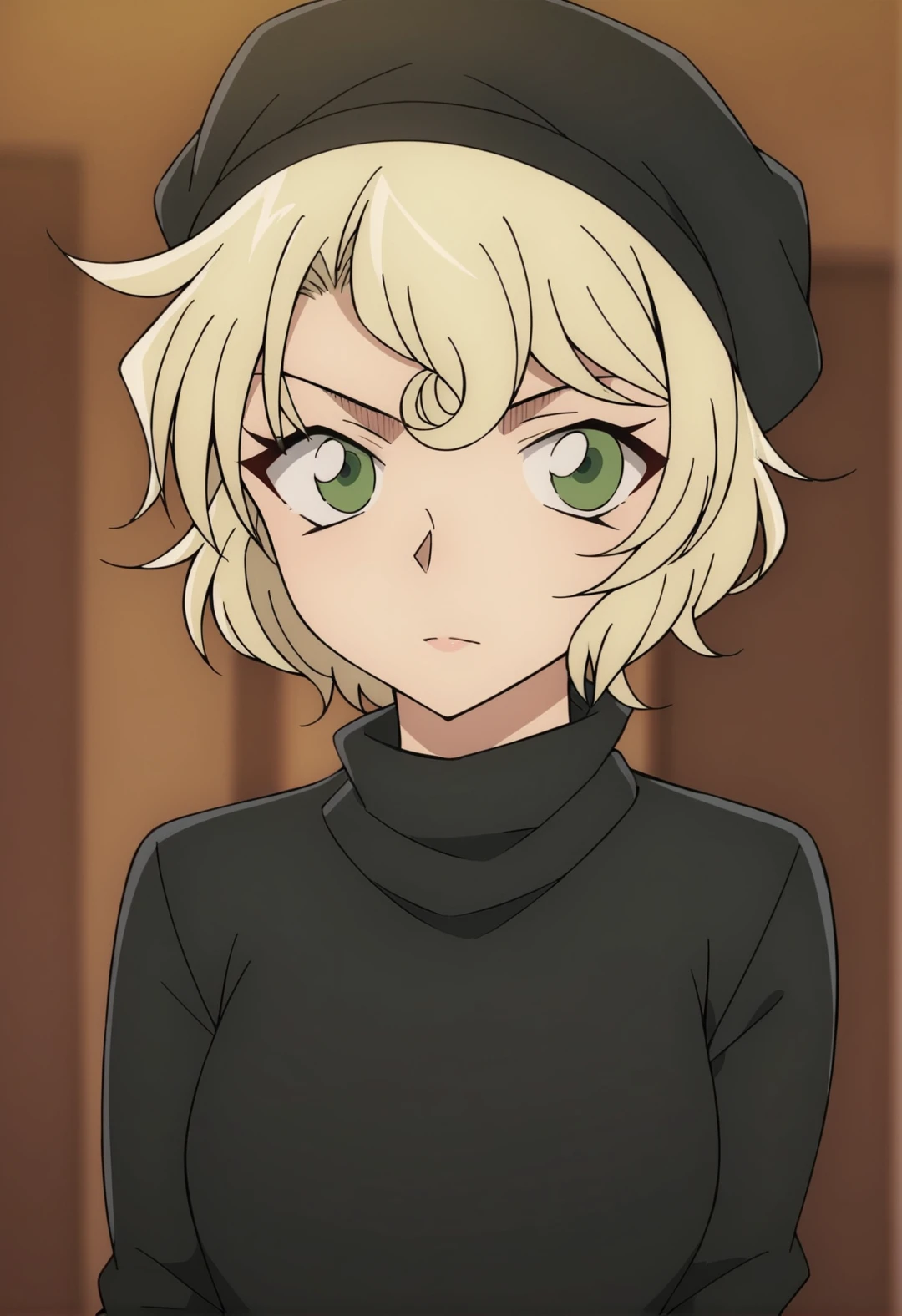 score_6_up, Light Outline, 
((1girl,solo,Portrait,front view,girl,)),
Mary Akai,blonde hair, green eyes, short hair, black sweater, long sleeves,hat,sweater hat, 
(blurry background, ),
 <lora:PONY_Mary_Akai_Anime_Detective_Conan:0.8>