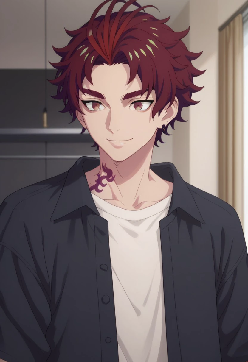 score_9, score_8_up, score_7_up, source_anime, highly detailed, 
allen, 1boy, male focus, shirt, red hair, solo, white shirt, earrings, smile, jewelry,
upper body, jacket, open clothes thick eyebrows black jacket, short hair, red eyes, multicolored hair, tattoo, smile,
indoor,