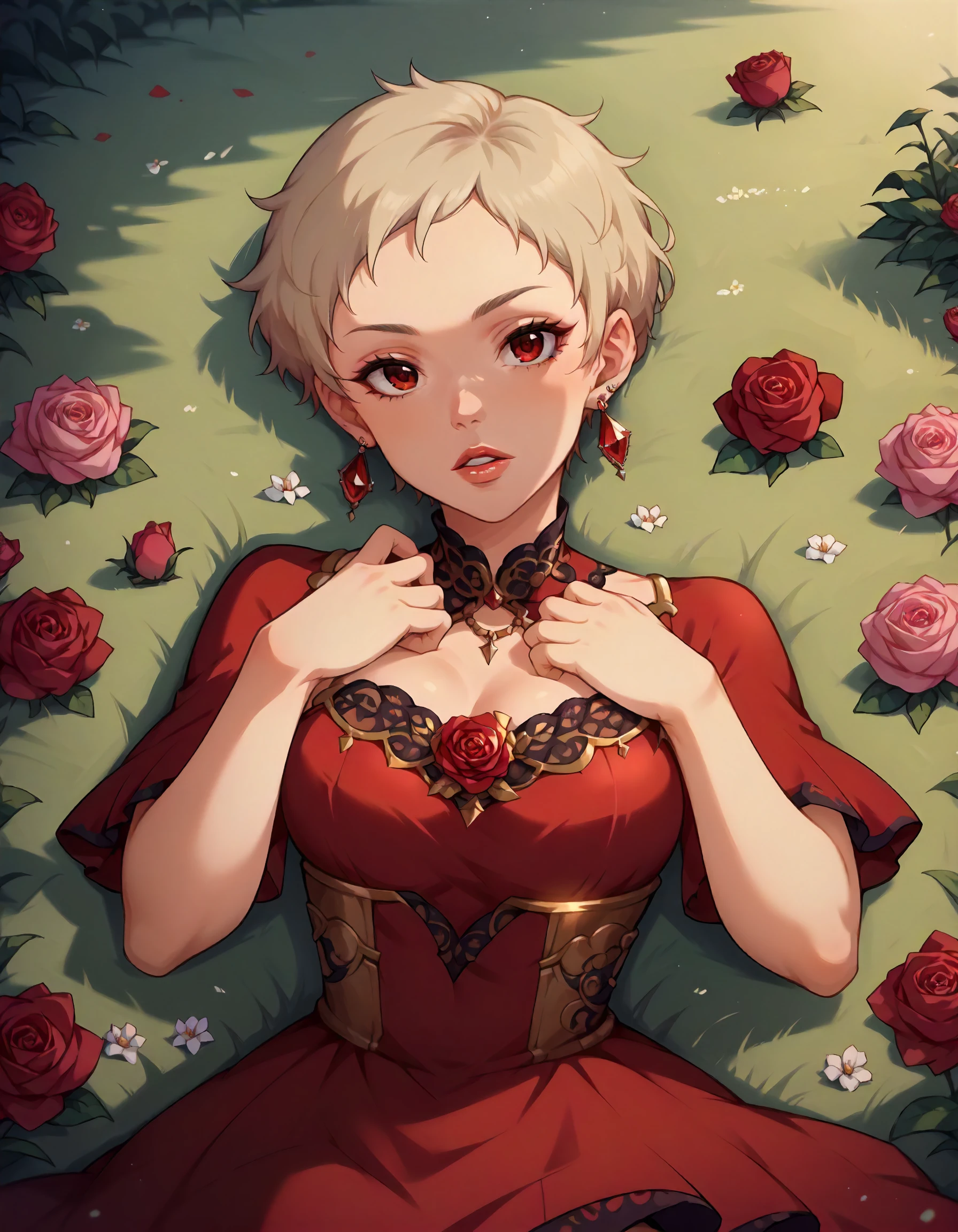 score_9,score_8_up,score_7_up,1girl,solo,lying,parted lips,front view,luxury,rose,flower field,
<lora:senzakiema_ponyXLV6:0.8>,cgsem,blonde hair,very short hair,red eyes,earrings,red dress