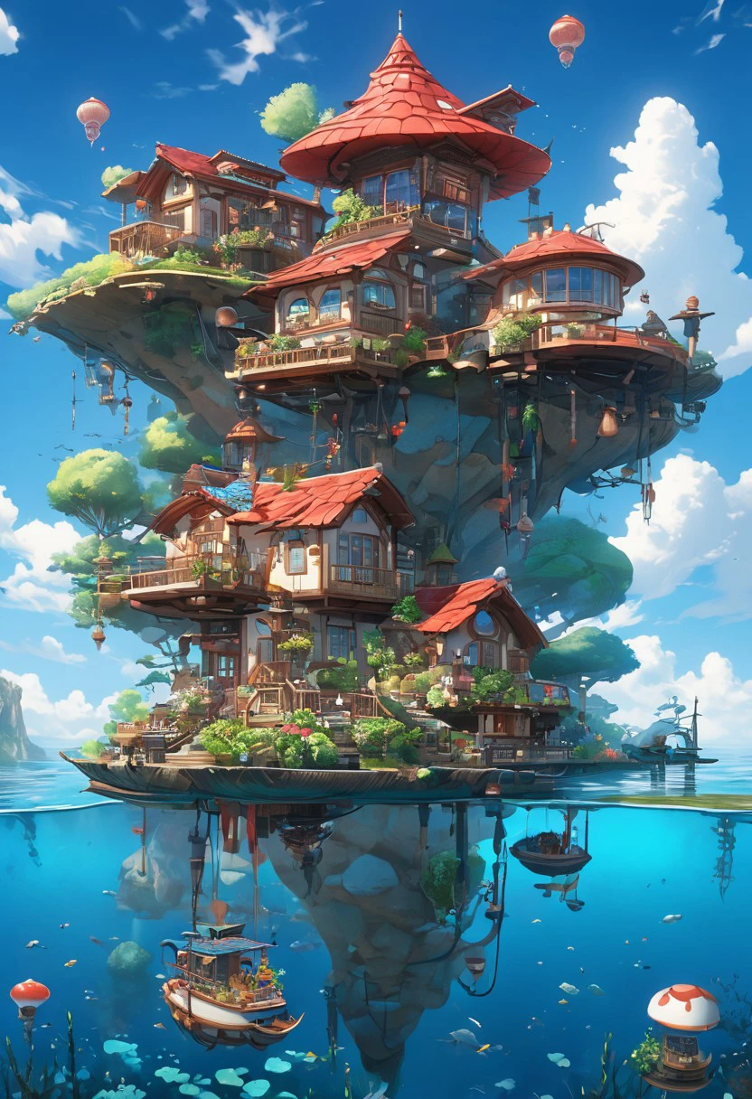 the image showcases a whimsical and intricately designed house that appears to be floating above the water. the house has multiple levels, with a prominent red-tiled roof, multiple windows, and various decorative elements. there are antennas, a satellite dish, and other technological devices attached to the house. the house is surrounded by a deck with seating, plants, and a table. below the house, there's a large rock formation that supports the house. the backdrop is a serene blue sky with fluffy white clouds.