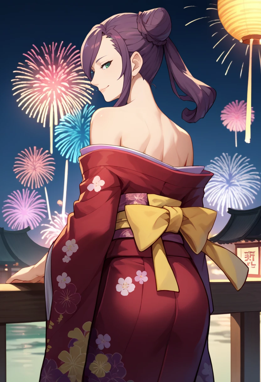 score_9, score_8_up, score_7_up, source_anime, from behind, solo, 1girl, eve belduke, smile, looking back, purple hair, single hair bun, ponytail, green eyes, japanese clothes, red kimono, floral print, off shoulder, yellow sash, bare shoulders, fireworks <lora:laytonVSpw_darklaw_ponyXL:1>