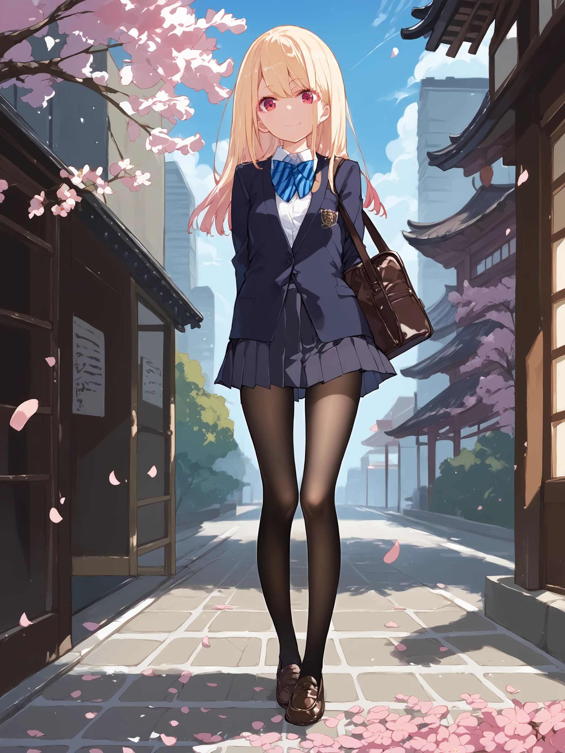 1girl, amane lily, solo, loafers, white shirt, collared shirt, pleated skirt, striped bowtie, blazer, black pantyhose,, standing, full body, light smile, looking at viewer, outdoors, street, cherry blossoms, petals, depth of field score_9, score_8_up, score_7_up, source_anime,  <lora:Char-AmaneLily-Pony-V1:1> small breasts