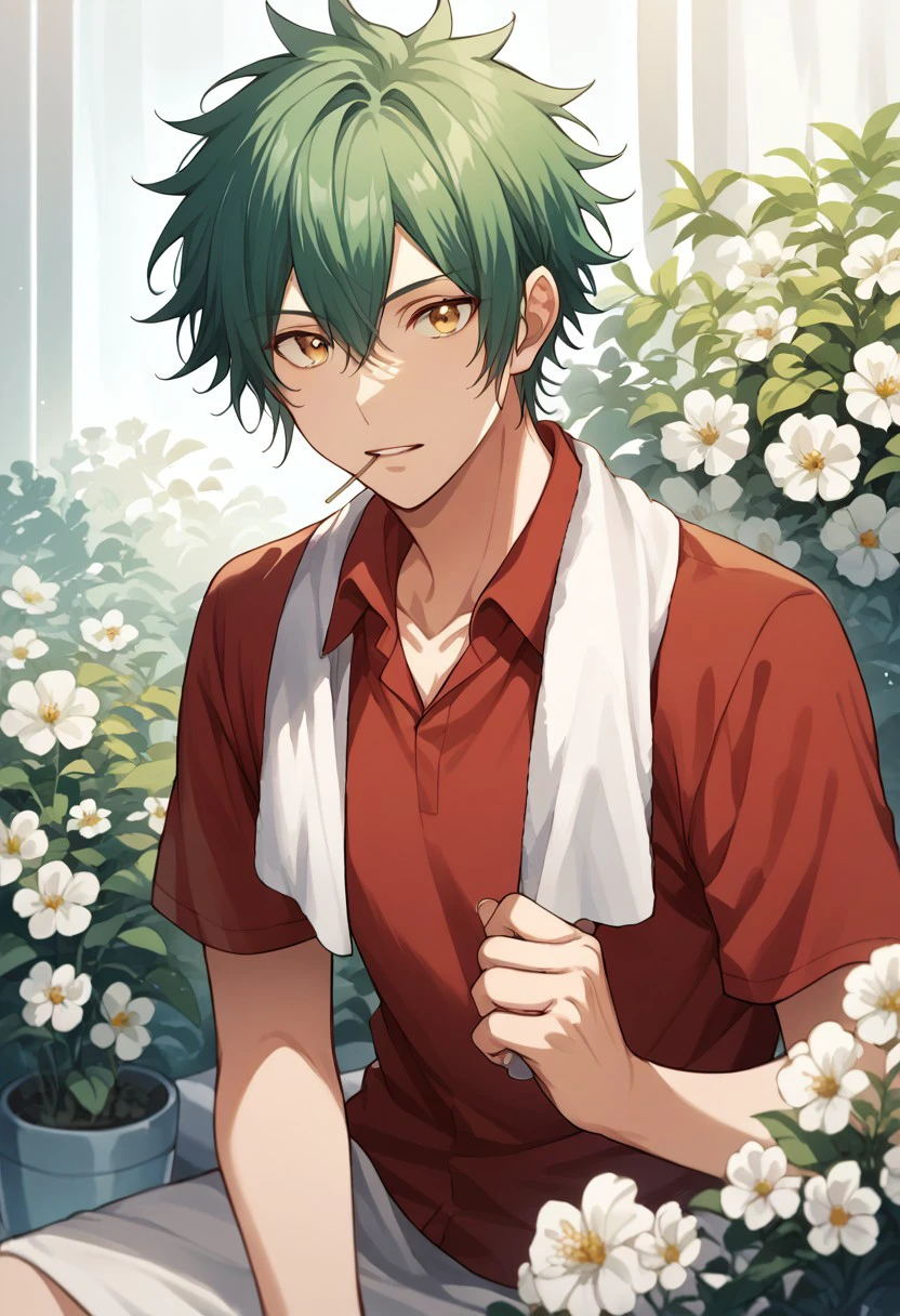 score_9, score_8_up, score_7_up, source_anime, rating_safe, flowers, Tsunin, 1boy, male focus, red shirt, white towel around neck, toothpick on mouth, hands with five fingers, looking at viewer