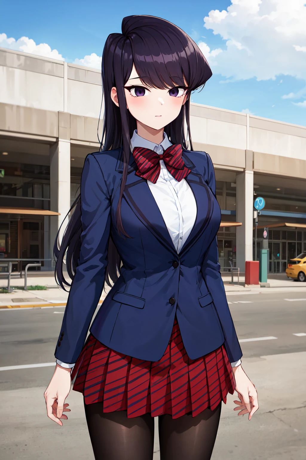 masterpiece, best quality, highres, aashouko, long hair, breasts, school uniform, striped bowtie, red bowtie, blazer, blue jacket, long sleeves, pleated skirt, striped skirt, red skirt, black pantyhose, <lora:komi_shouko_v1:0.7>, standing, cowboy shot, outdoors