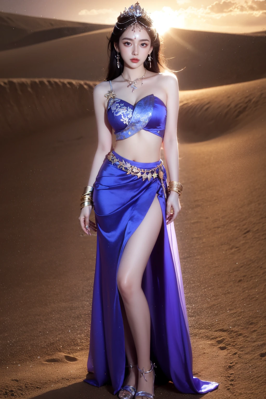 photorealistic,realistic,photography,masterpiece,best quality,ultra-detailed,extremely detailed CG unity 8k wallpaper,(reality: 1.4),1girl,solo, full body,standing,skirt,black hair,hair ornament,jewelry,earrings,necklace,bracelet,ring,long skirt,sand,desert,purple princess, Western Regions, <lora:JAY - PRINCESS WESTEM REGIONS:1>