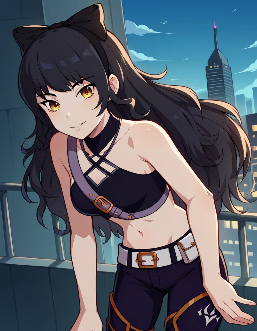 score_9, score_8_up, score_7_up, source_anime, <lora:blake-belladona-ponyxl-lora-nochekaiser:1>, blake, blake belladonna, long hair, black hair, yellow eyes, bow, hair bow, black bow, long hair, bangs,, navel, midriff, belt, halterneck, criss-cross halter, bare shoulders, bare arms, pants, black pants, , cityscape, street, bent over, smile, looking at viewer, solo, cowboy shot, dutch angle