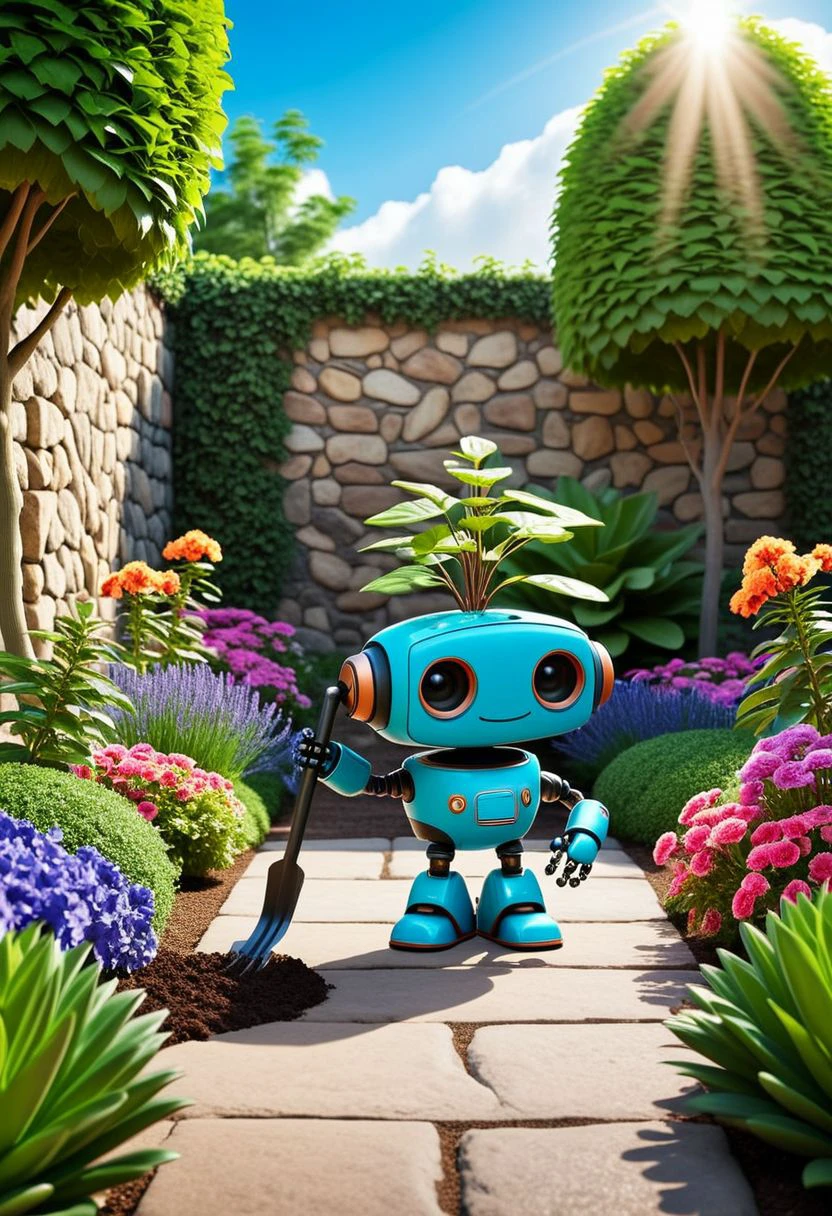 A cute robot planting a tree in a lush green garden, surrounded by colorful flowers and vibrant plants, with a clear blue sky overhead. Adorable, heartwarming, nature, greenery, cheerful, detailed, bright colors, friendly expression, small size, metallic, shiny, futuristic, eco-friendly, environmental, springtime, sunlight, shadows, digital art, whimsical, playful, intricate details, high resolution, photorealistic, joyful atmosphere, garden tools, soil, tender care, gentle, soft lighting, charming, outdoor setting, cartoonish style, enchanting, vivid, appealing, character design, imaginative, family-friendly. <lora:Cute_Robots:1>, [photography, realistic, photorealistic, 8k, highly detailed, cinematic lighting, intricate details, high resolution, award-winning,   correct focus, realistic, realistic lighting, highly detailed,  masterpiece], ((Cinematic Still-Shot))