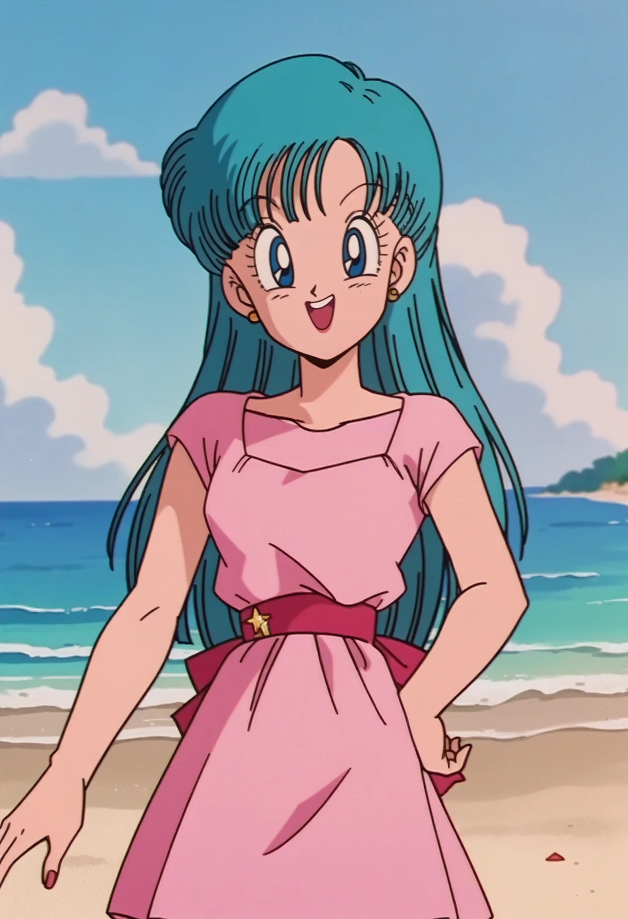 score_9, score_8_up,score_7_up, source_anime, <lora:SlrmnRtr_pdxl_EliPot:1>, 1girl, solo,
 bulma \(dragon ball\), long hair, blue hair, pink dress, text on dress:BULMA, smile, upper teeth only, isle, beach, blurry background, anime screencap, anime colouring, 1990s \(style\),