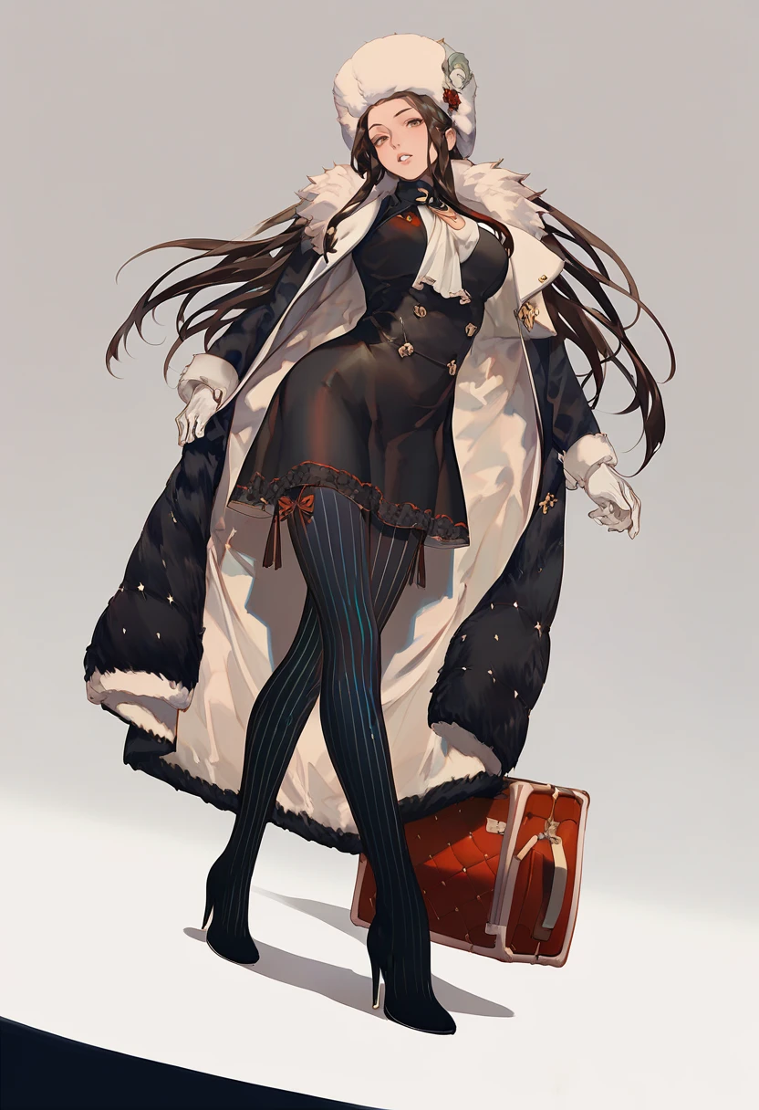 score_9, score_8_up, score_7_up, score_6_up <lora:reiXL_AutC_lokr_V43P1:0.95> 1girl, solo, high heels, pantyhose, long hair, fur trim, gloves, boots, hat, white background, dress, white gloves, fur hat, simple background, striped clothes, coat, full body, black dress, breasts, black footwear, vertical-striped clothes, high heel boots, looking at viewer, suitcase, black hair, brown hair, black pantyhose, standing, knee boots, parted lips, thighhighs, striped pantyhose, vertical-striped pantyhose, medium breasts, ushanka