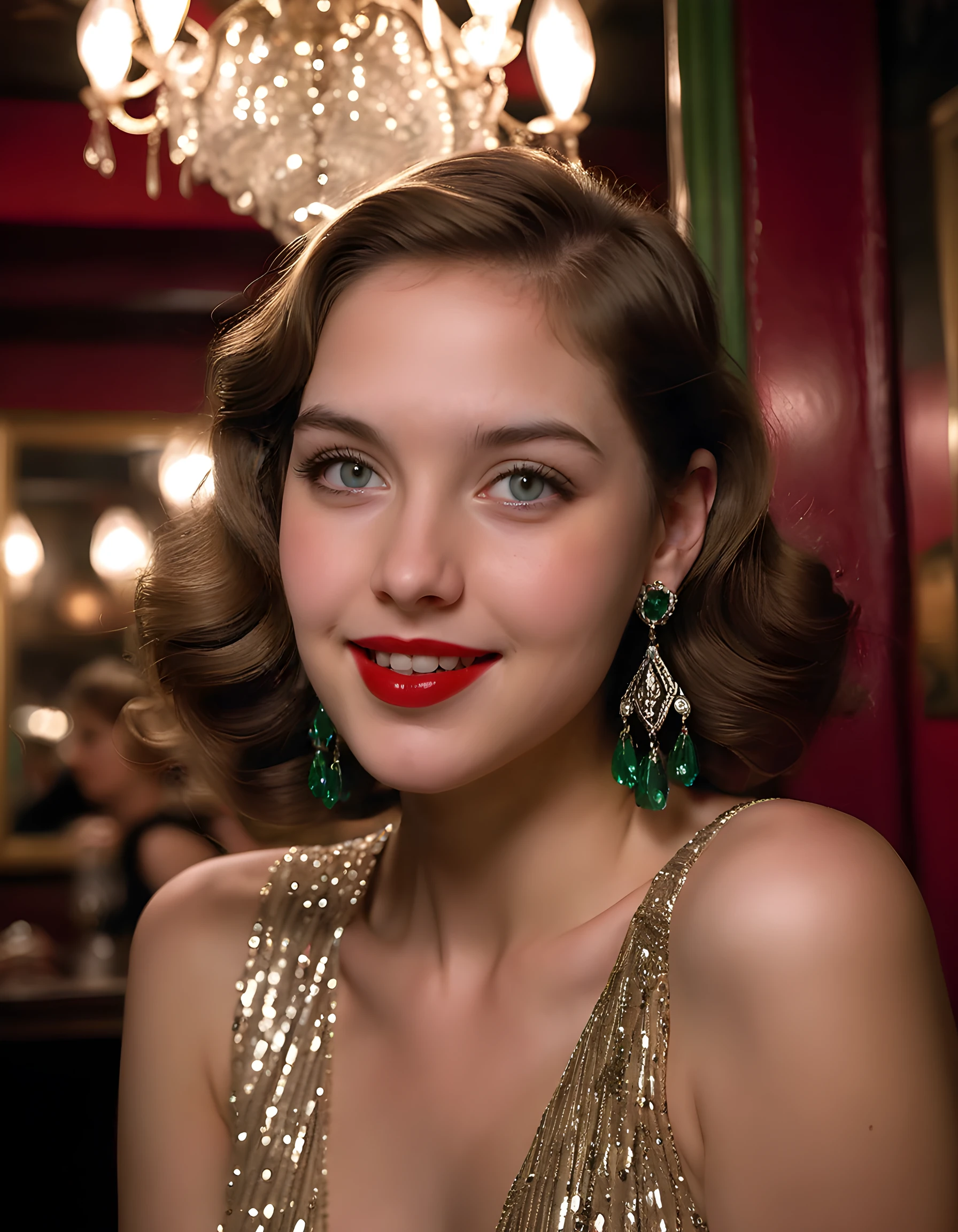 1girl, solo, looking_at_viewer, In a dimly lit, vintage speakeasy nestled in the heart of 1920s New York City, a captivating woman, clad in an exquisite, sequined flapper dress that shimmers like stardust under the soft glow of hanging crystal chandeliers, gazes intently at the viewer with a radiant smile. Her long, wavy brown hair cascades down her shoulders, framing her delicate features accentuated by crimson lipstick and elegant emerald earrings. The camera lens captures this mesmerizing portrait from a low angle, emphasizing her striking eyes and the playful curve of her red-painted lips, creating an intimate connection between the woman and the viewer, as if she is sharing a secret only they both know.