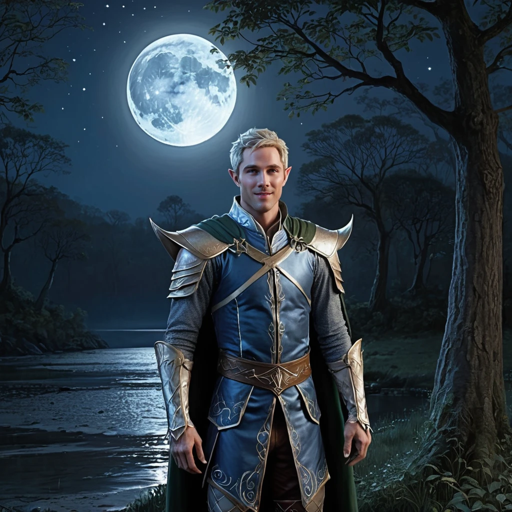 Hyperrealistic art full body photo of l4k3m4c a man,  A ((painting)) of a stunning happy high elf prince,moonlight, ethereal,  <lora:lukemacfarlane:1> . Extremely high-resolution details, photographic, realism pushed to extreme, fine texture, incredibly lifelike