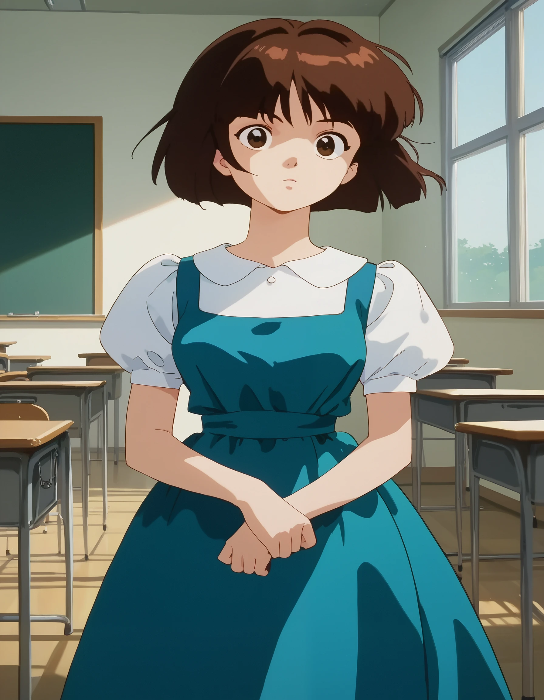 score_9, score_8_up, score_7_up, masterpiece, absurdres, source_anime, (perfect anatomy),

1girl, solo, NabikiTendo, short hair, brown hair, bob cut, brown eyes,
white blouse, blue dress, short skir,
indoors, classroom, standing up,