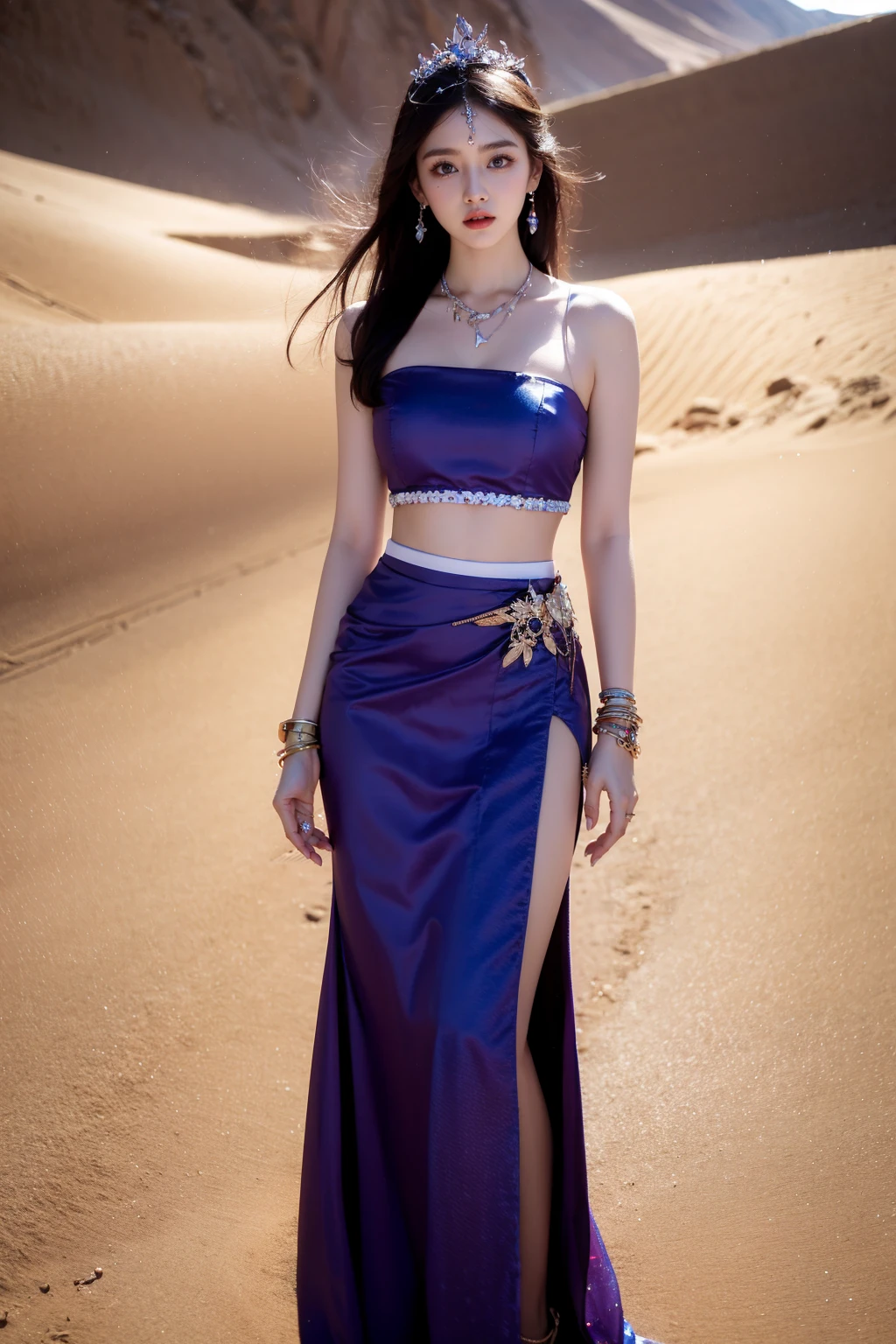 photorealistic,realistic,photography,masterpiece,best quality,ultra-detailed,extremely detailed CG unity 8k wallpaper,(reality: 1.4),1girl,solo, full body,standing,skirt,black hair,hair ornament,jewelry,earrings,necklace,bracelet,ring,long skirt,sand,desert,purple princess, Western Regions, <lora:JAY - PRINCESS WESTEM REGIONS:1>