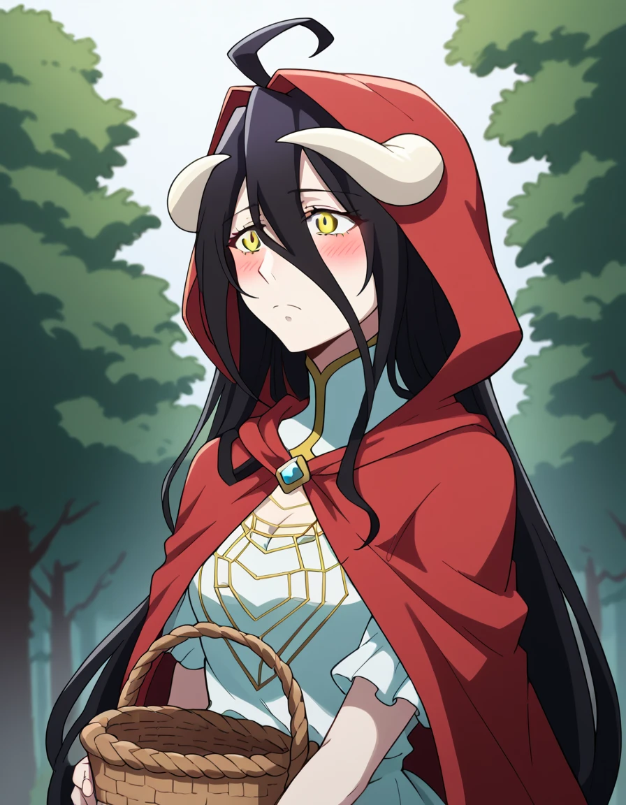 score_9, score_8_up, score_7_up, source_anime, overlordalbedo, <lora:overlord-albedo-s1s2-ponyxl-lora-nochekaiser:1>, albedo, ahoge, black hair, horns, long hair, yellow eyes,, <lora:little-red-riding-hood-cosplay-ponyxl-lora-nochekaiser:1>, littleredridinghoodcosplay little red riding hood \(grim\) \(cosplay\), red hood, basket, hooded capelet, red capelet, holding basket, red cloak, hood,, landscape, forest, blush,, cowboy shot, dutch angle, solo,