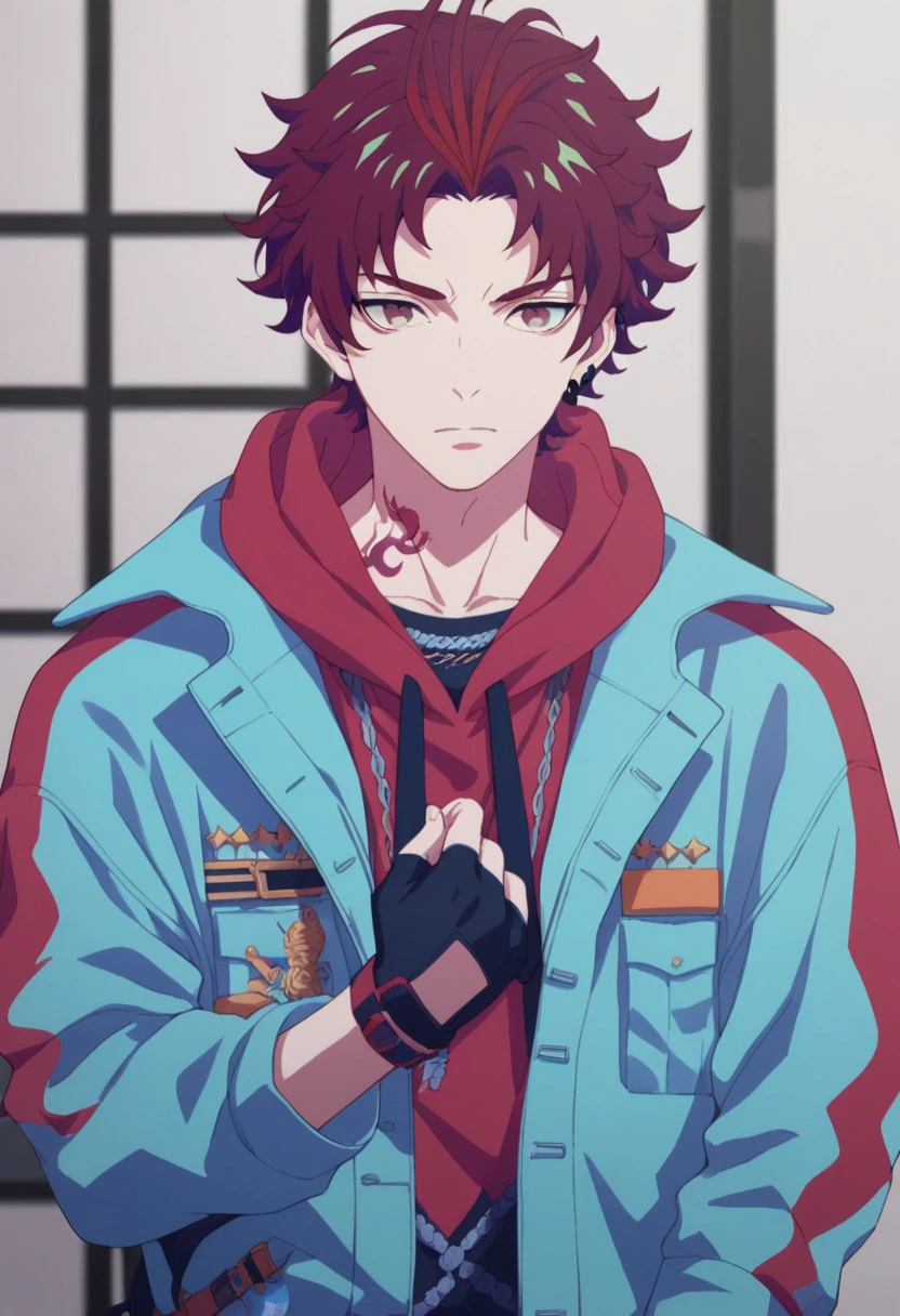 score_9, score_8_up, score_7_up, source_anime, highly detailed, 
allen, 1boy, male focus, solo, jacket shoes, pants, fingerless gloves, hood, jewelry,
contemporary, gloves, hoodie, earrings, red hair, multicolored hair, looking at viewer, red eyes, drawstring,tattoo, neck tattoo, black gloves, blue jacket, short hair, hood down, alternate costume, upper body,
indoor,