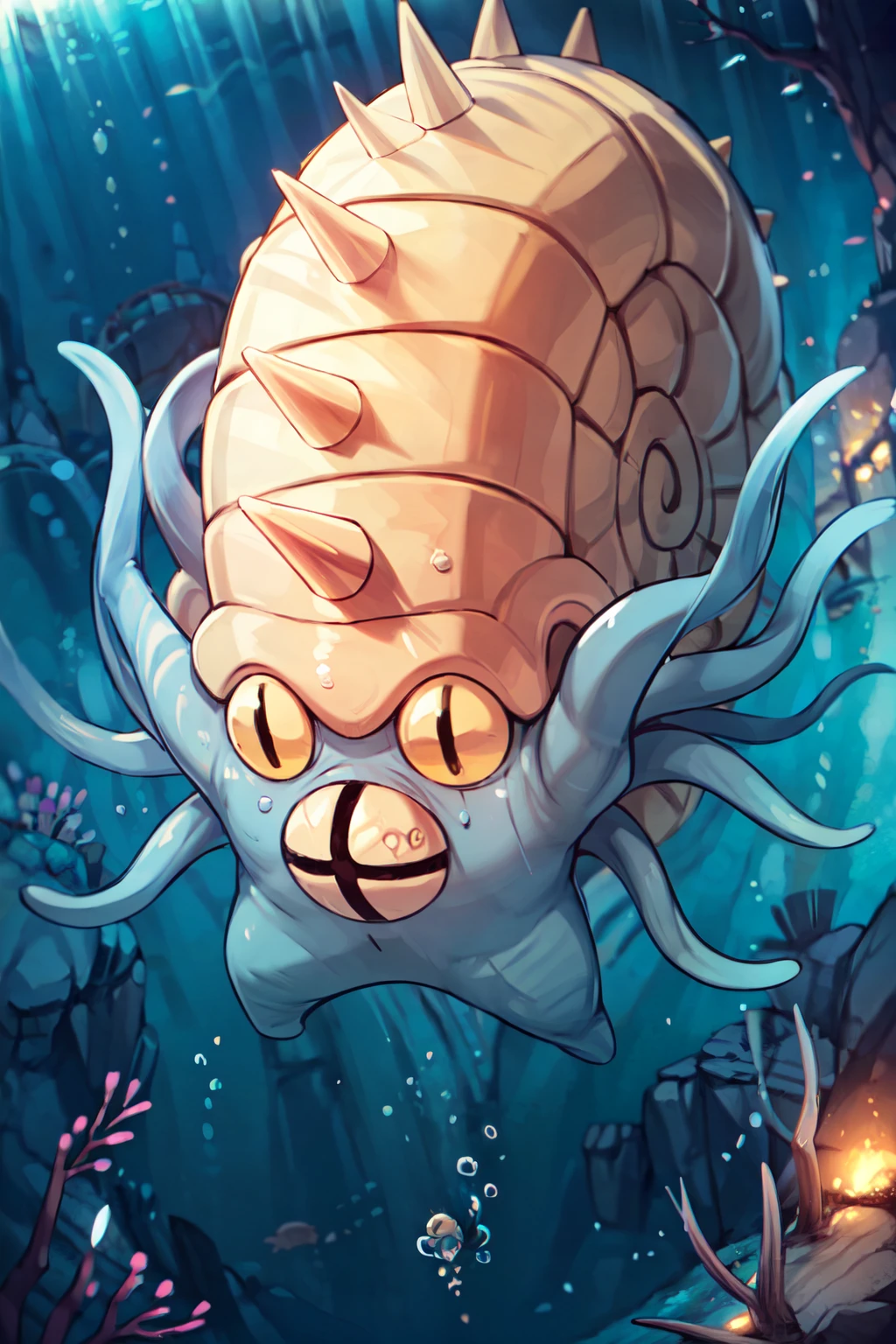 ((masterpiece,best quality)), absurdres,   <lora:OmastarPokemon:0.7>,   zzOmastar, full body, water, black eyes, underwater, cave, source anime, blurry, partially submerged