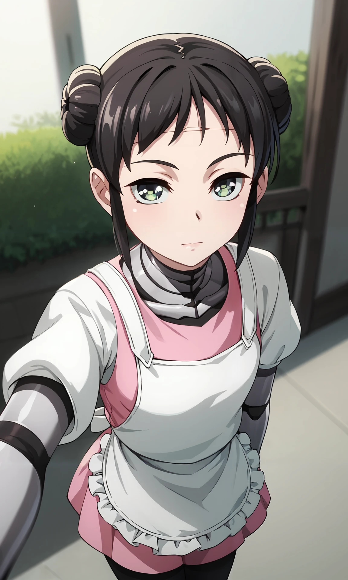 score_9, score_8_up, score_7_up, source_anime, zPDXL2, 1girl BREAK
 <lora:mina:1> mina_wz, green eyes, eyelashes, black hair, double bun, hair bun, short hair, sidelocks, closed mouth, expressionless, android, pink dress, apron, white kappougi, black pantyhose, robot, mechanical parts, mechanical arms BREAK
half-closed eyes, outdoors, pov, selfie