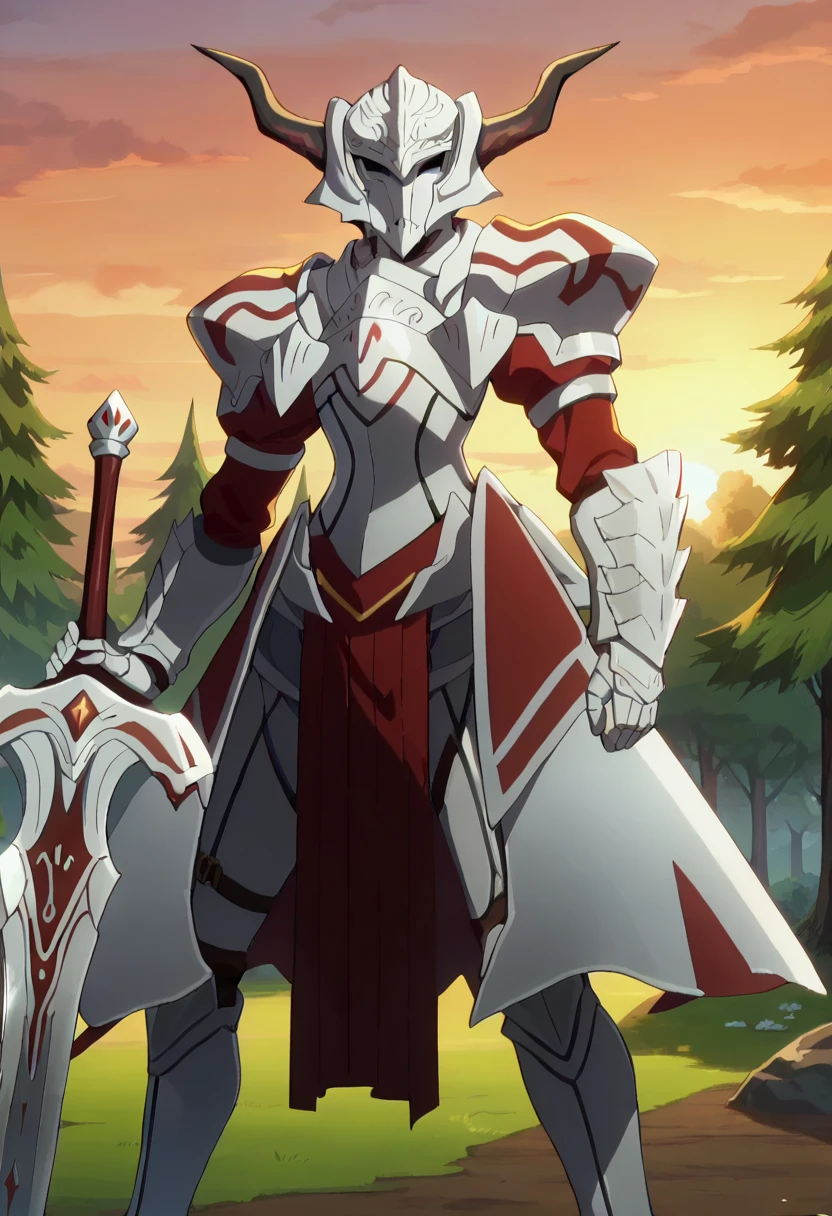 score_9, score_8_up, anime screencap, anime coloring, 
<lora:FateApocrypha_MordredXL:0.8>, MordredFA,
1girl, solo,
horned helmet,
MordredArmor, armor, shoulder armor, faulds, gauntlets, greaves, pelvic curtain, holding sword,
standing, looking at viewer, 
outdoors, forest, dark, sunset