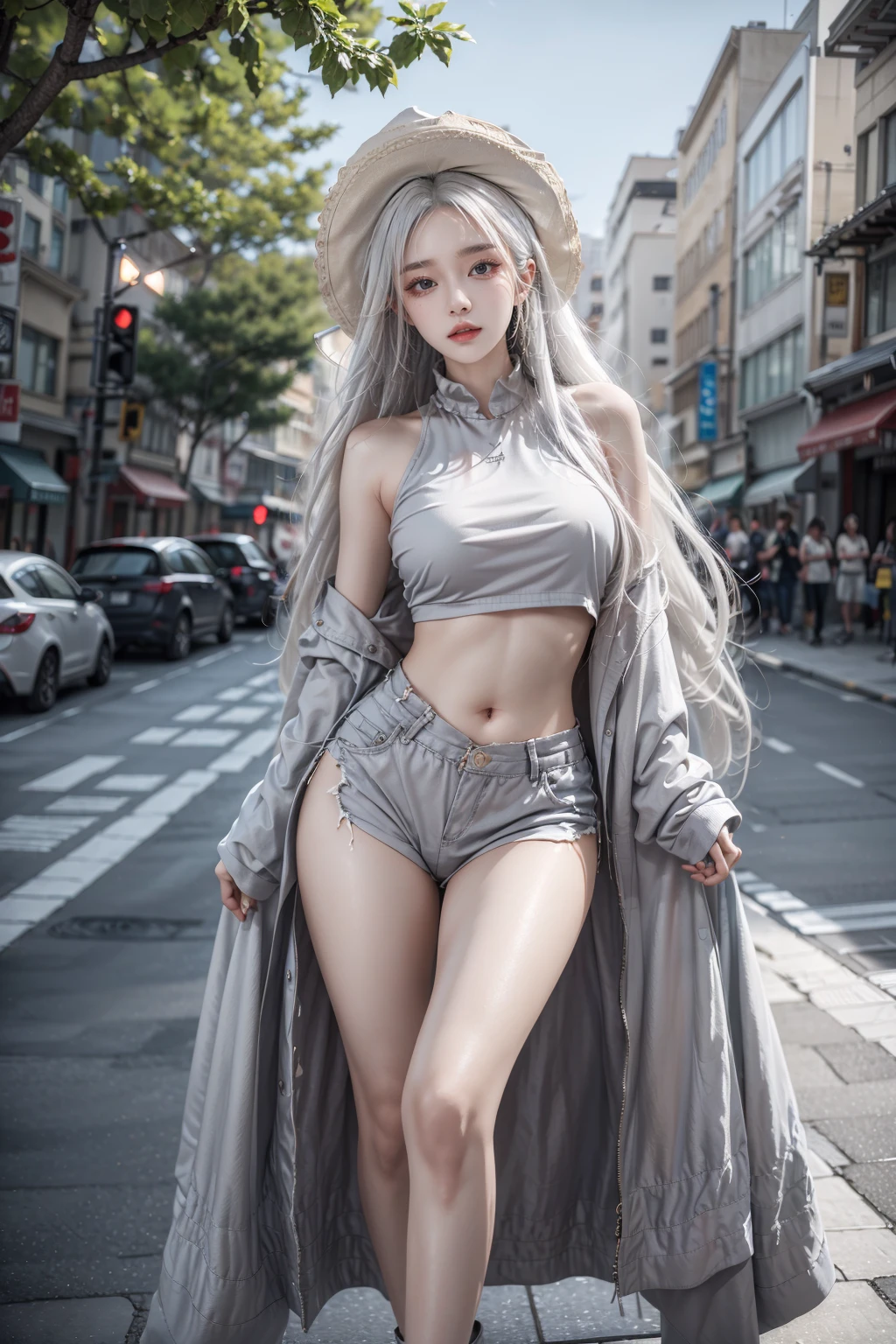 masterpiece,best quality,1girl,solo,hips up,cowboy shot,long white hair,street wear,grey clothing,outdoor,<lora:more_details:0.3>,<lora:FN:0.6>,