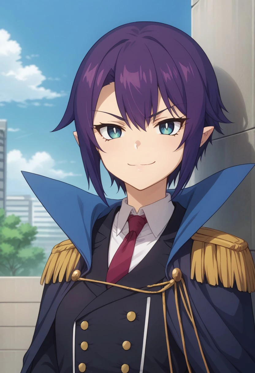 score_9, score_8_up, score_7_up, source_anime, highly detailed, 
saurva, 1girl, solo, necktie, pointy ears, short hair, smile, looking at viewer, purple hair, uniform, epaulettes, red necktie, military,
military uniform, shirt, upper body, white shirt, blue eyes,
collared shirt, cape, bangs, black jacket, smirk,
outdoor,