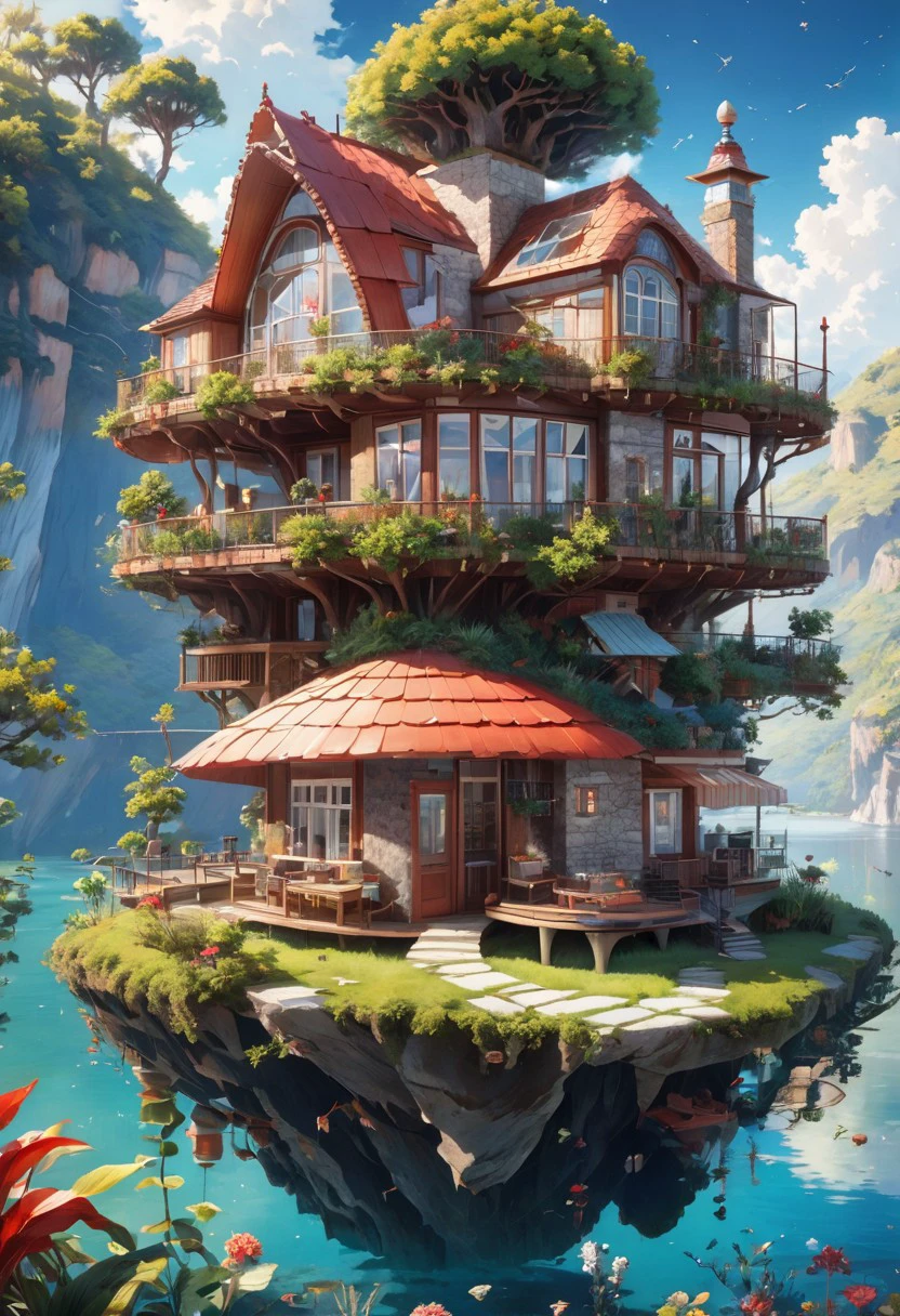 the image showcases a whimsical and intricately designed house that appears to be floating above the water. the house has multiple levels, with a prominent red-tiled roof, multiple windows, and various decorative elements. there are antennas, a satellite dish, and other technological devices attached to the house. the house is surrounded by a deck with seating, plants, and a table. below the house, there's a large rock formation that supports the house. the backdrop is a serene blue sky with fluffy white clouds.