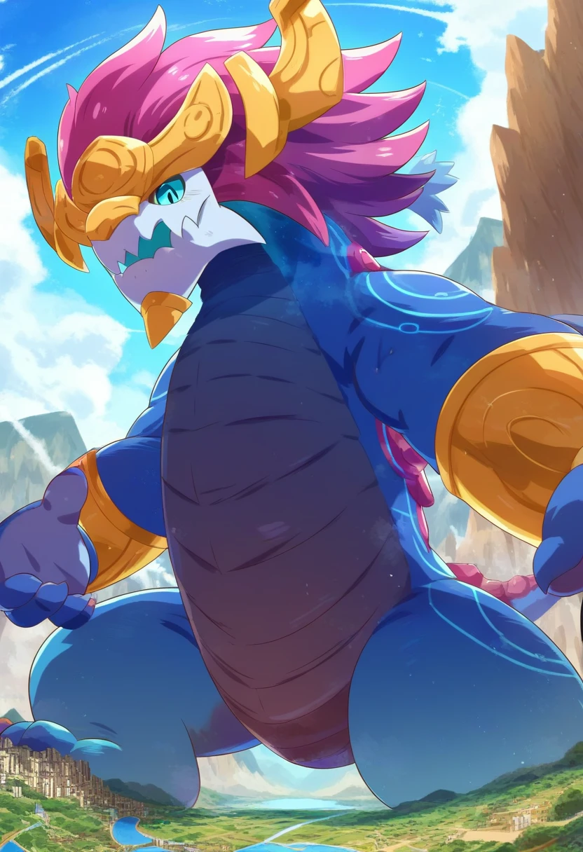 score_9, score_8_up, score_7_up, score_6_up, score_5_up, eastern dragon, aurelionsol, [[[bnp]]], [headgear, bracers], tail, anthro, solo, macro, reaching towards viewer, looking at viewer, mountain, outside, landscape, low-angle view