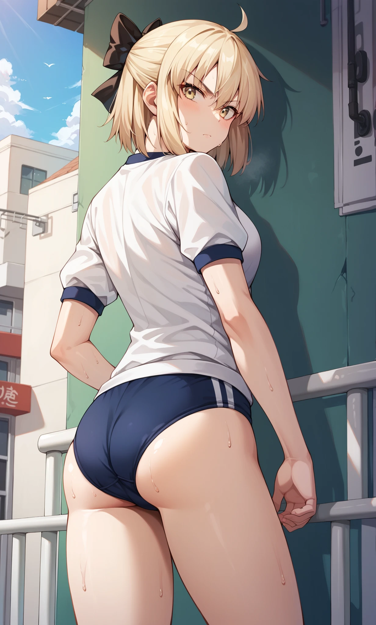 score_9, score_8_up, score_7_up, score_6_up, score_5_up, score_4_up, BREAK source_anime, 1girl, solo, outdoors, street, cowboy shot, standing, looking back, :o, serious, closed mouth, okita, yellow eyes, blonde hair, short hair, ahoge, hair bow, black bow, white shirt, short sleeves, gym uniform, blue buruma, sweat, from behind