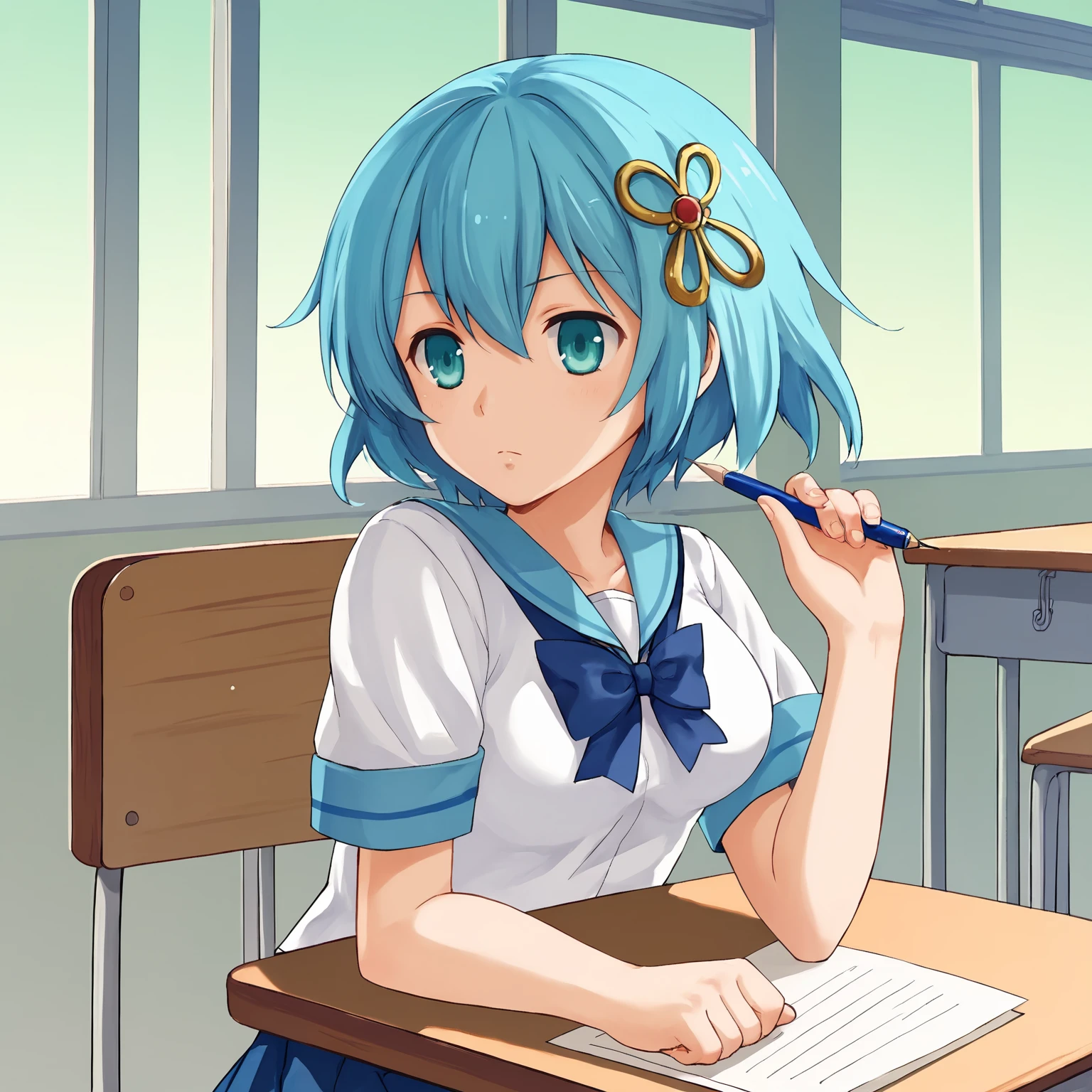 1girl, solo, sit in a classroom, desk, holds a pen, <lora:WhimXLpony:1> Whim, aqua eyes, aqua hair, short hair, hair ornaments, medium breasts, school uniform