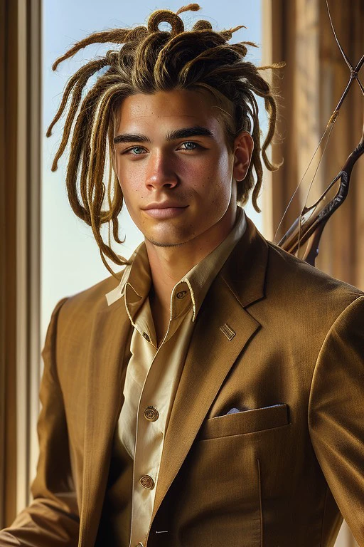 (masterpiece), best quality, expressive eyes, perfect face, 1boy, 19 year old wind mage archer, Southern white American, short light brown dreads, realistic style, sunburned, handsome, Cleaned up after a great grooming session, dressed in brown suit and white shirt, looking dapper, at an upscale event