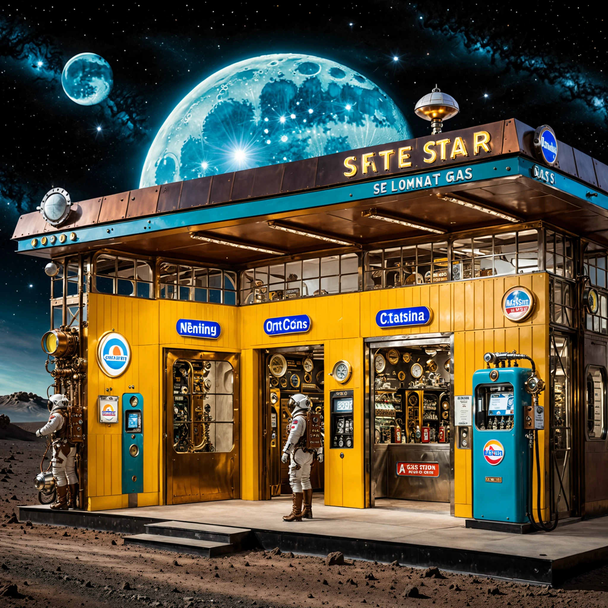 <lora:storefront_XL:0.5>,storefront,(a steampunk gas station on the moon:1.5),decoration of mechanical steel,cosmic sky,science fiction film,there are two astronauts at the door,earth in the sky,lunar ground,spacecraft,masterpiece,best qualtiy,mechanically decorated signboard,