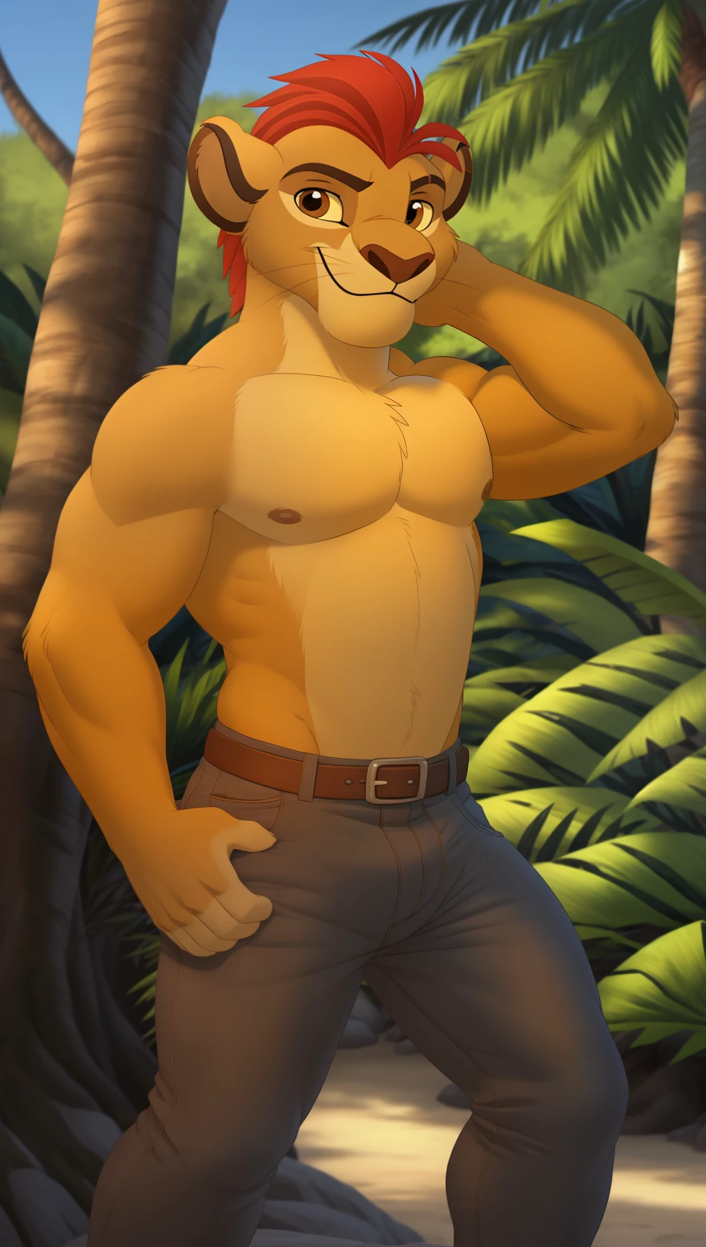 <lora:C96A56F881:0.7> Majestic male cute lion (kion, the lion gaurd), muscular, bara, (posing:1.3), (soft shading), 4k, hi res, five fingers, detailed hands, ((detailed face, (detailed eyes:1.0), detailed)), by zackarry911, by zaush, (by personalami:0.5), solo, looking at viewer, smile, shirt, 1boy, jungle, trees , male focus, belt, pants, black shirt, denim, jeans,