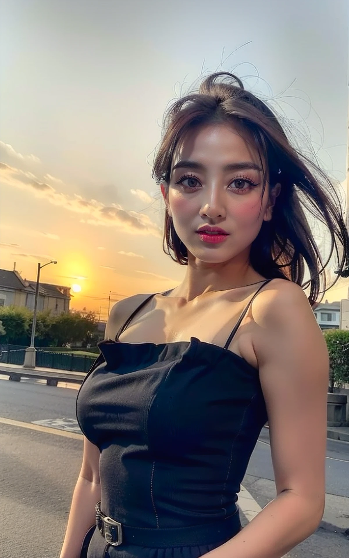 , (realistic), (hyperrealism), (photorealistic:1.4), 1girl, looking at the viewer, eye makeup, detailed eyes, detailed face, (upper body:1.2), detailed background, black dress, walking at the streets, sunset, (windy:1.2) <lora:Jihyo_V1:1> Jihyo_V1,