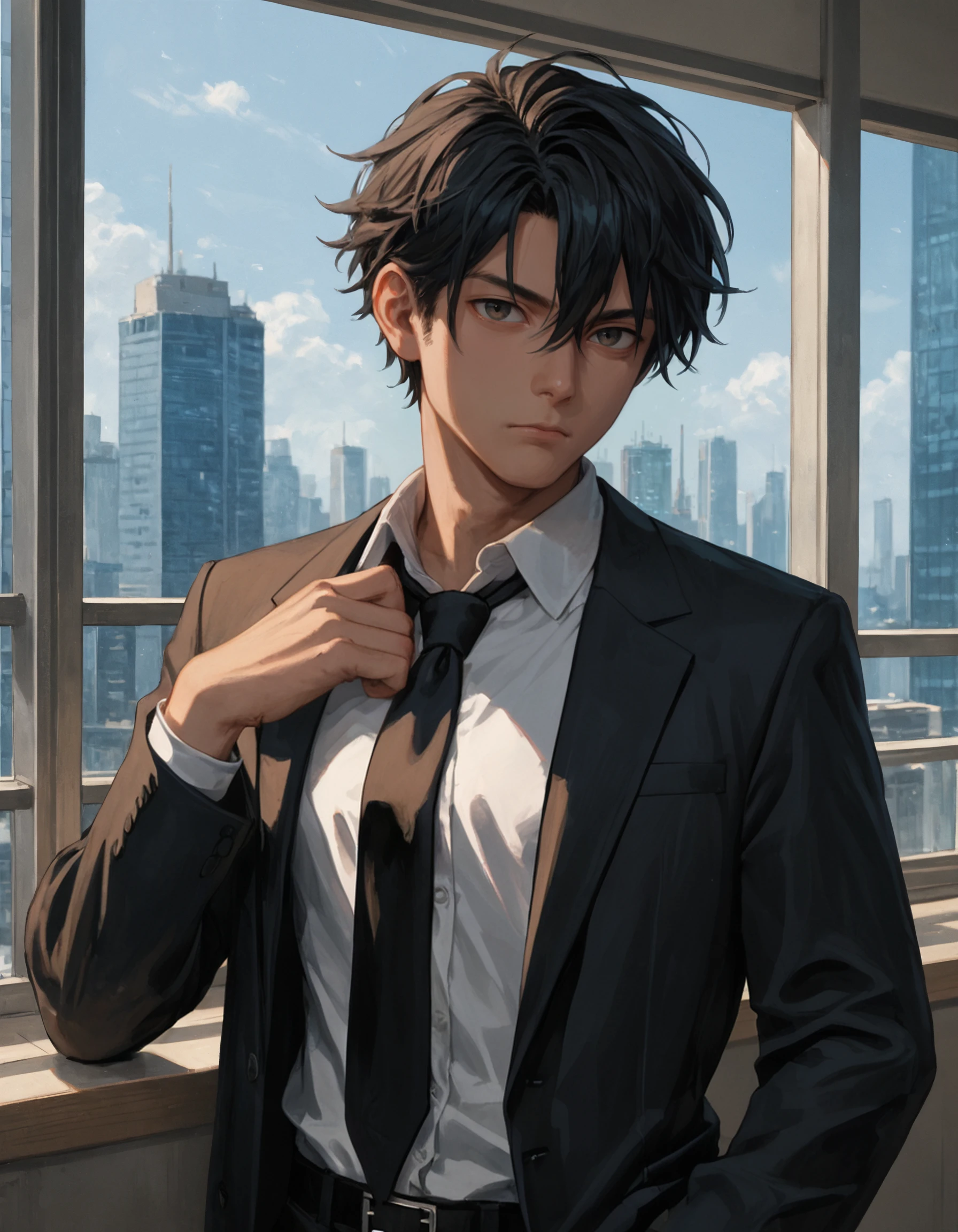 score_9, score_8_up, score_7_up, solo, looking at viewer, shirt, black hair, 1boy, hair between eyes, closed mouth, suit jacket, white shirt, upper body, collared shirt, black necktie, hand on own chest, skyscraper, window