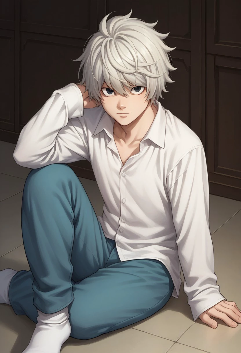 score_9, score_8_up, score_7_up, source_anime, highly detailed, 
near_dn, 1boy, solo, male focus, white hair,  black eyes, sitting, looking at viewer, shirt, white shirt, long sleeves, pants, blue pants, socks, white socks
indoor