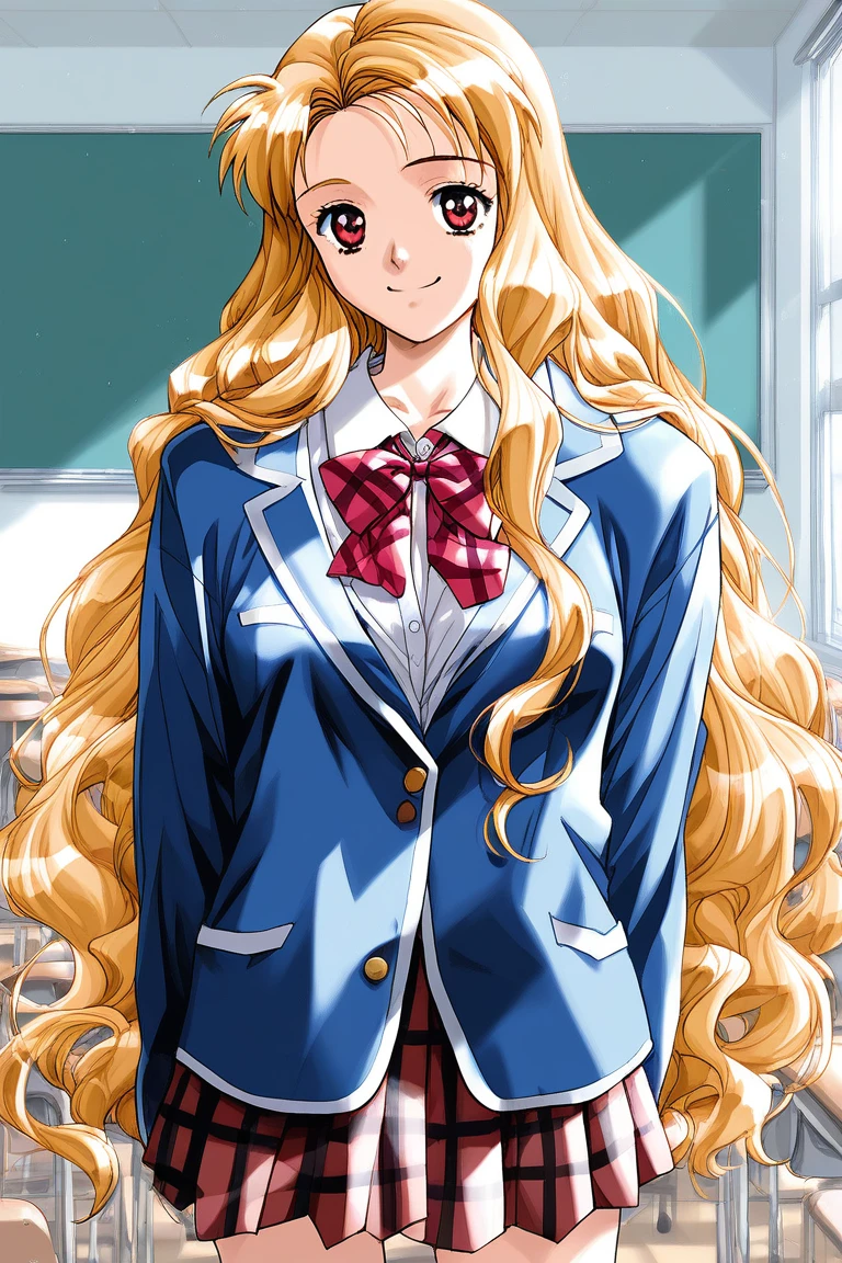 score_9, score_8_up, score_7_up, source_anime, rating_explicit, BREAK  <lora:Maijima_Karen_XL:1>
MaijimaKaren, long hair, blonde hair, breasts, red eyes,very long hair,
 1girl, solo, school uniform, skirt,   plaid, simple background, smile, bow,  long sleeves, plaid skirt, looking at viewer,
school, class room,