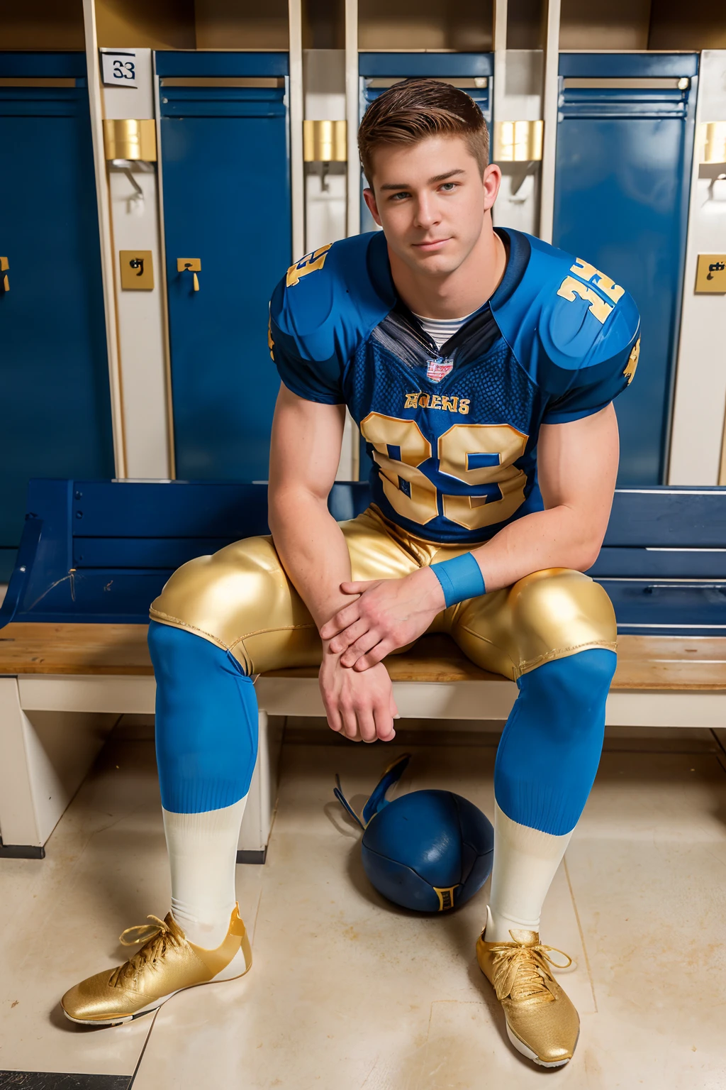 locker room, sitting on a bench, in front of lockers, slightly smiling, NathanStyles, CFEllis is an (American football player), wearing (football uniform:1.3), (blue jersey:1.3), blue (shoulder pads), jersey number 90, (pale gold football pants:1.4), (blue socks:1.3), long socks, (black sneakers:1.3), (((full body portrait))), wide angle   <lora:NathanStyles:0.8>