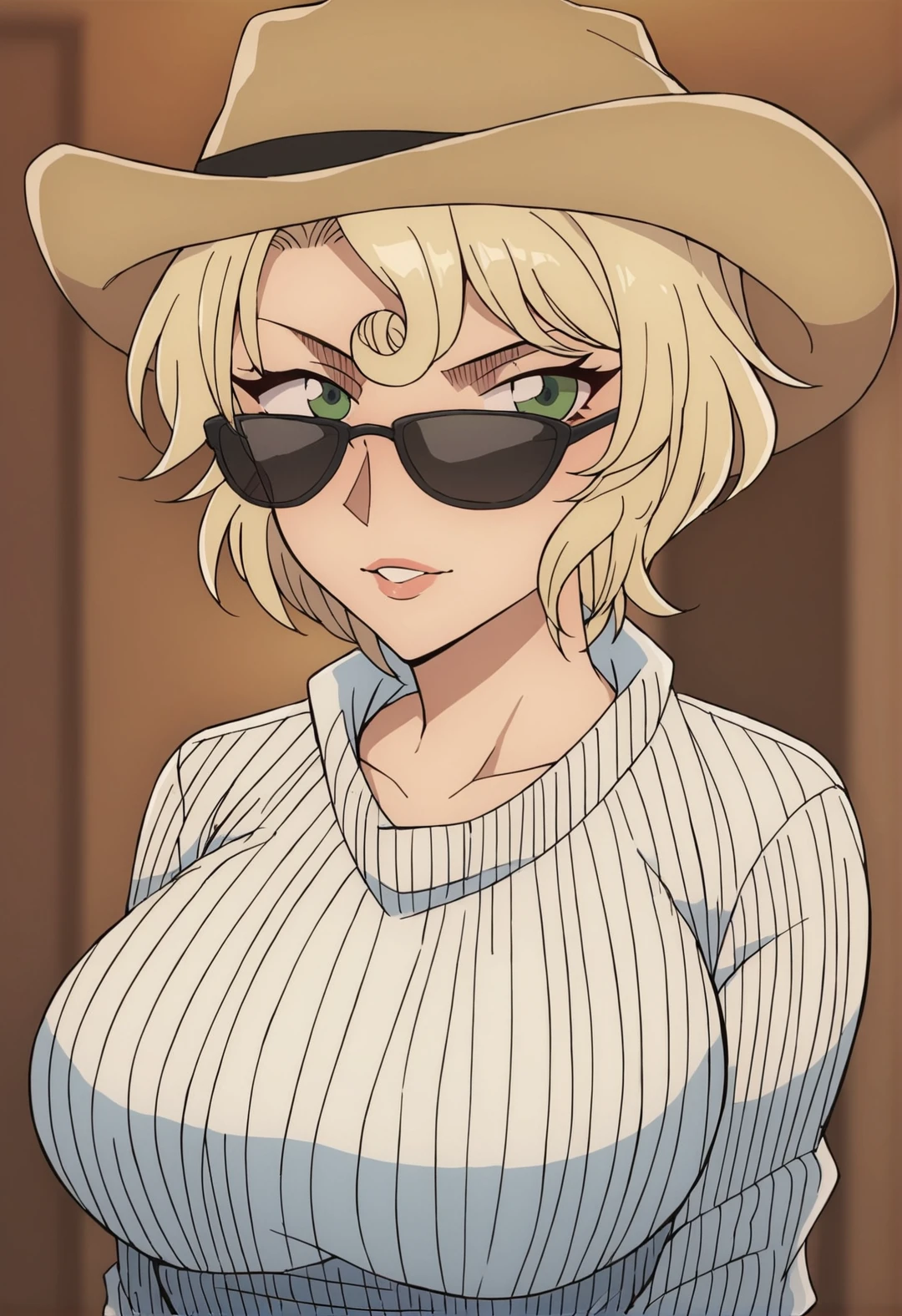 score_9, score_8_up, score_7_up, score_6_up, Light Outline, 
((1girl,solo,Portrait,front view,milf,)),
Mary Akai,blonde hair, green eyes, short hair, White sweater, long sleeves, yellow Cowboy 
 hat,Mature woman, large breasts, thin thighs,thin hips,thin waist,sunglasses, 
(blurry background, ),
 <lora:PONY_Mary_Akai_Anime_Detective_Conan:0.8>