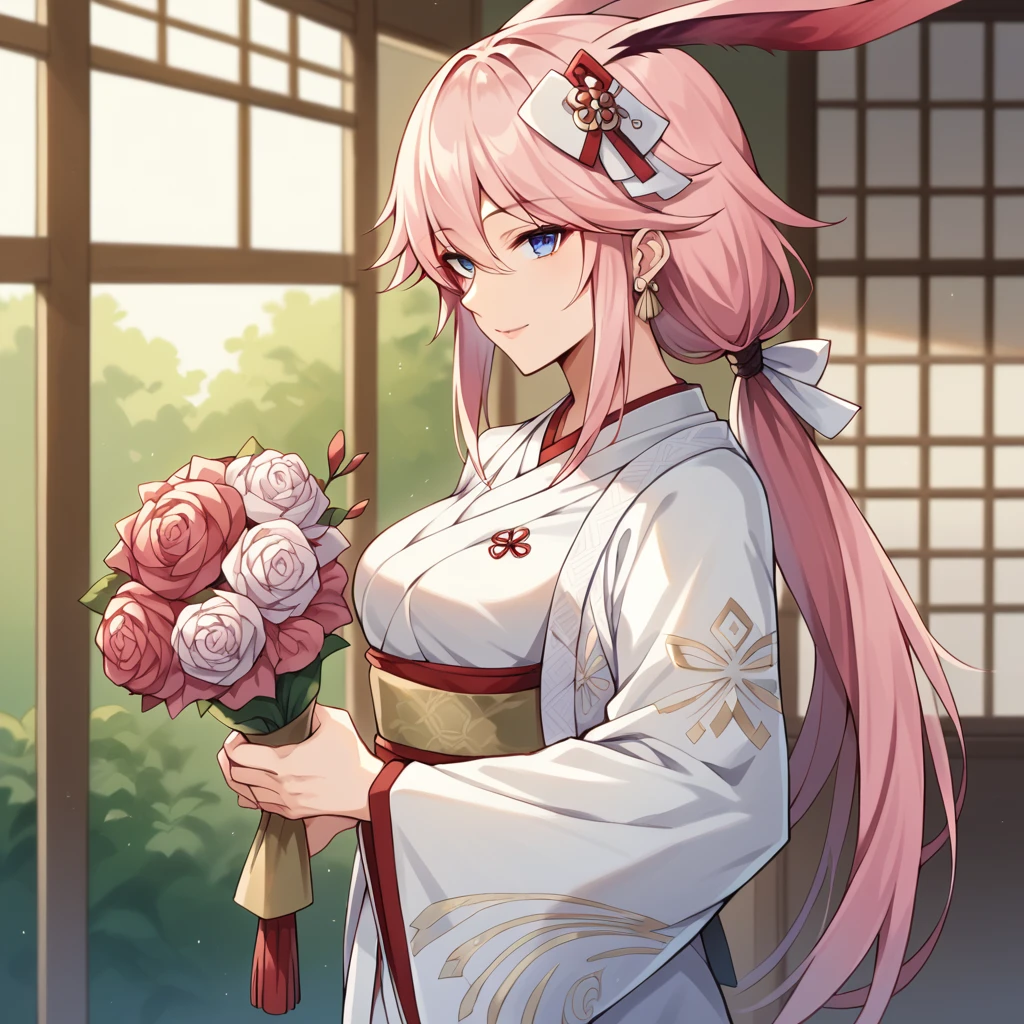 score_9_up, score_8_up, score_7_up, score_6up, source_anime, 1girl, solo, Yae_Sakura, Yae_Wed, masterpiece, best quality, sakura tree, sun light through leaves, standing, holding bouquet, from side, looking at you, gentle smile, long hair, blue eyes, pink hair, hair between eyes, fox ears, yae sakura, hair ornament, ponytail, white kimono, kimono, thighhighs, bridal veil, white thighhighs, ponytail, long sleeves, wide sleeves, wedding dress, bride, dynamic cowboy shot, mature body, indoors, pink roses, garden background,