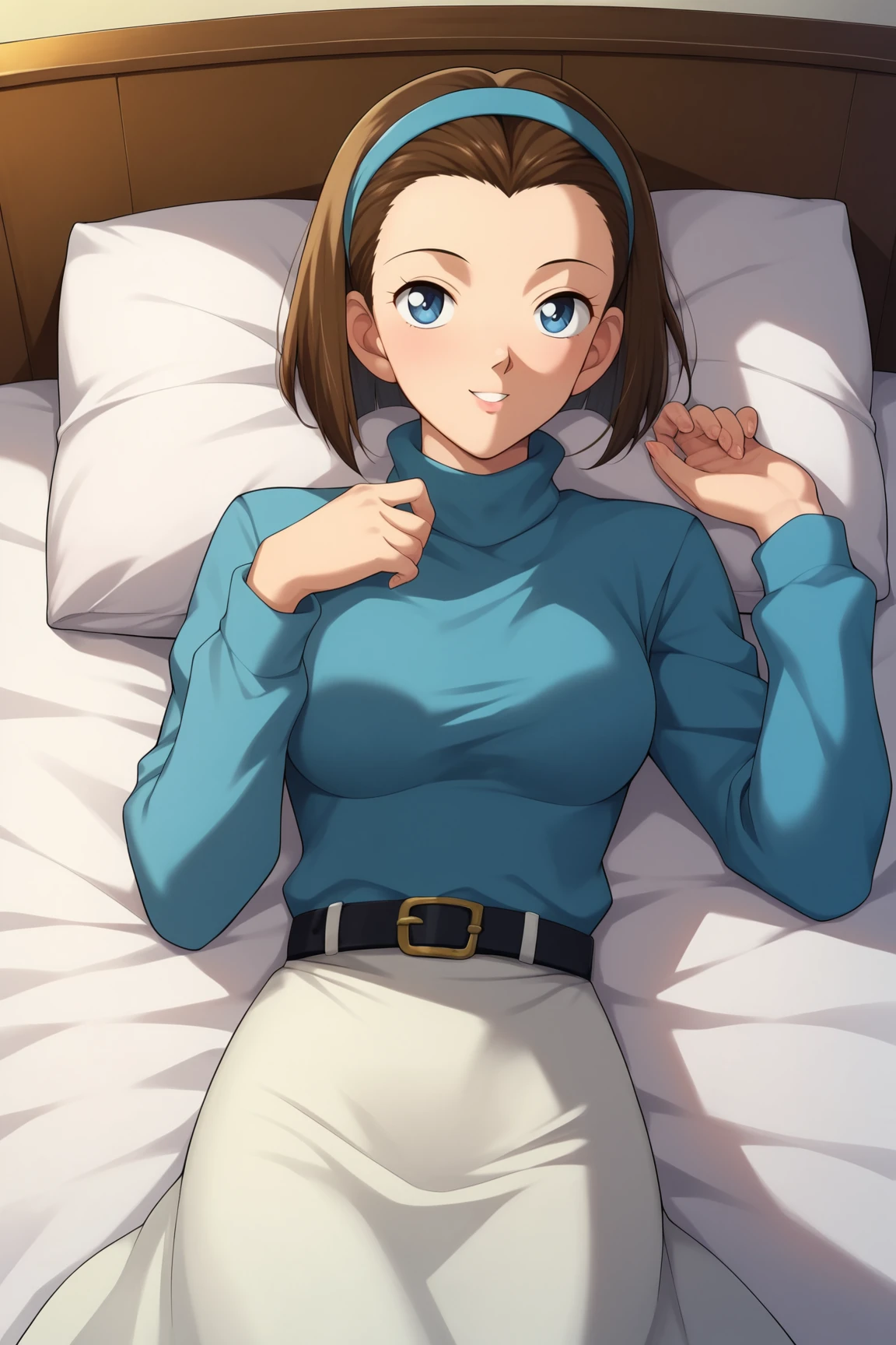 score_9, score_8_up, score_7_up, score_6_up, BREAK, SonokoSuzukiDCXL, 1990s (style), blue eyes, brown hair, short hair, bob cut, forehead, blue hairband, medium breasts, turtleneck, blue sweater, long sleeves, black belt, white skirt, solo, lying on bed, seductive smile, looking at viewer, indoors  <lora:SonokoSuzukiDCXL:0.8>