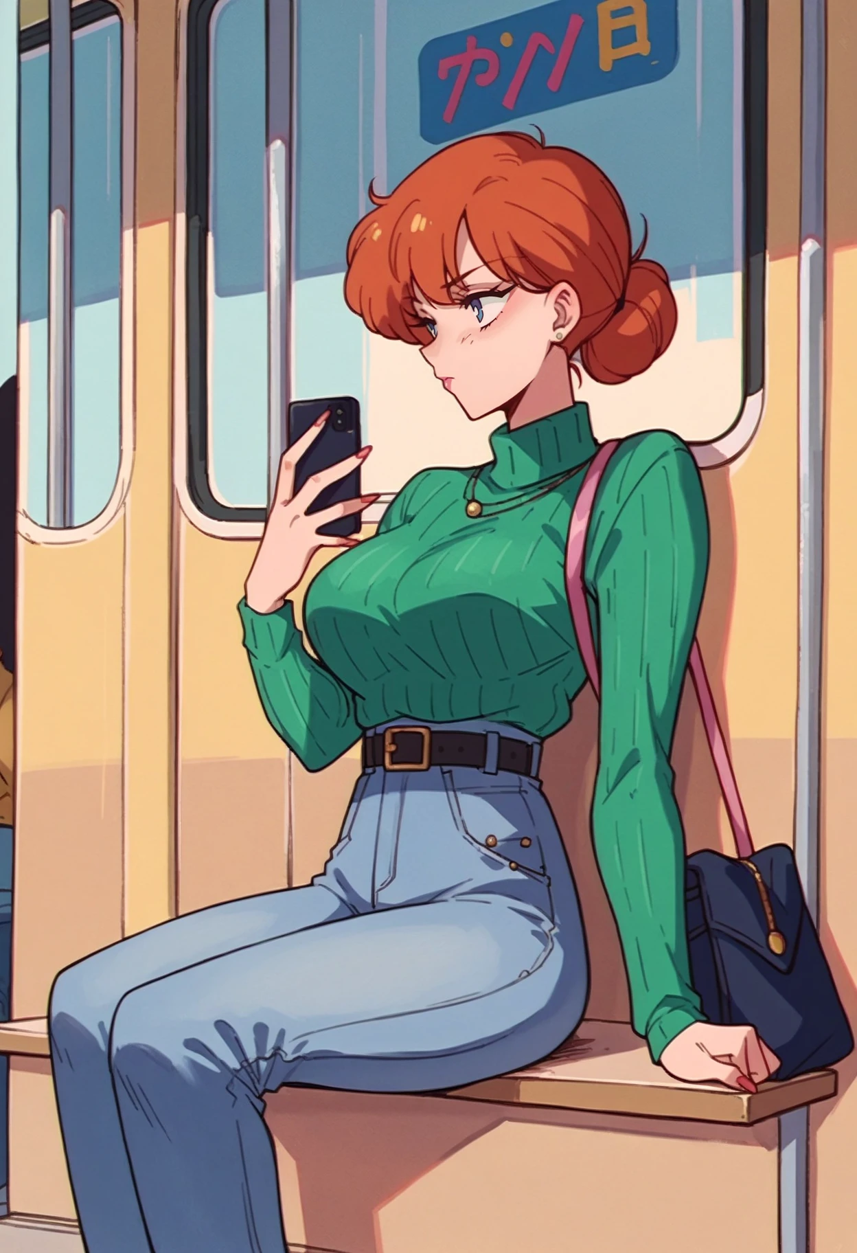 score_9, score_8_up,score_7_up, source_anime, <lora:SlrmnRtr_pdxl_EliPot:1>, 1girl, solo,
large breasts, sweater,tight clothing,sitting,subway,looking at phone,high-waist jeans,bag,belt,