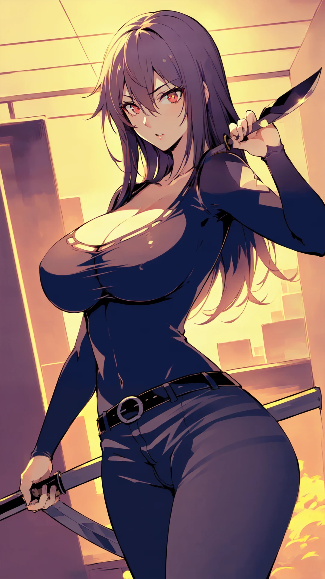 (((cowboy shot))), (((dynamic pose))), (((dynamic angle))), webtoon, anime, centered, solo, 1girl, 1woman, (((dark purple hair)), (((red eyes))), hiya, vertical pupils, big breasts, (((holding shirasaya))), 1girl, breasts, long hair, ((black top)), denim pants, cleavage, belt, hair between eyes, ((indoors, modern city background)), 8k, 16k, trending on pixiv, fanbox, skeb, masterpiece, detailed face, digital painting, (best quality, ultra detailed), (detailed background:1.2), (perfect face, detailed face), (mature female:1.4), <lora:sd_v15_dpo_lora_v1:0.8>, <lora:hiyu:0.7>