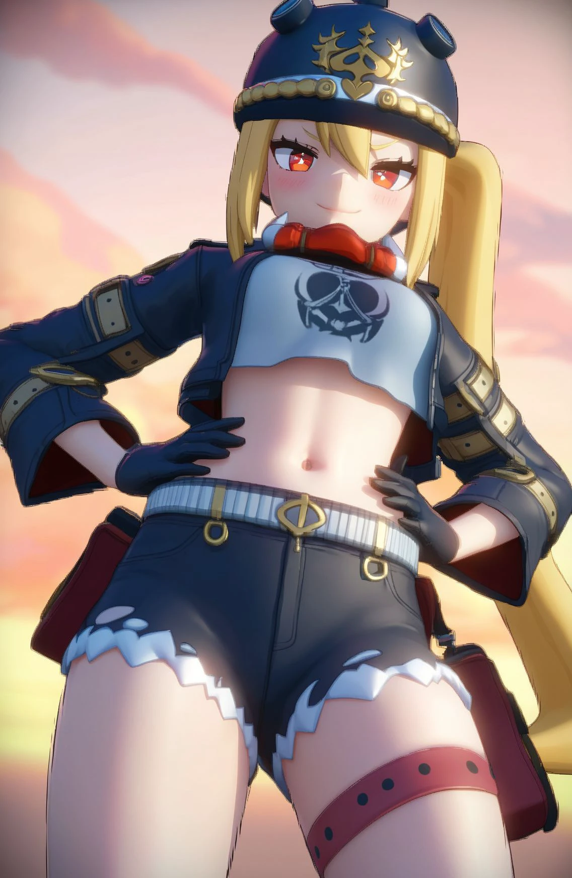 score_9, score_8_up, score_7_up, score_6_up, score_5_up, source_anime, rating_safe, vector, render, BREAK, 1girl, lucyzzz, black headwear, blonde hair, crop top, hat, helmet, long hair, looking at viewer, midriff, navel, red eyes, black shorts, solo, spade \(shape\), leather jacket, gloves, smirk, blush, side ponytail, looking down at viewer, from below, hands on own hips, thigh gap, sky background, <lora:lucyzzzXL-fine:1.1>