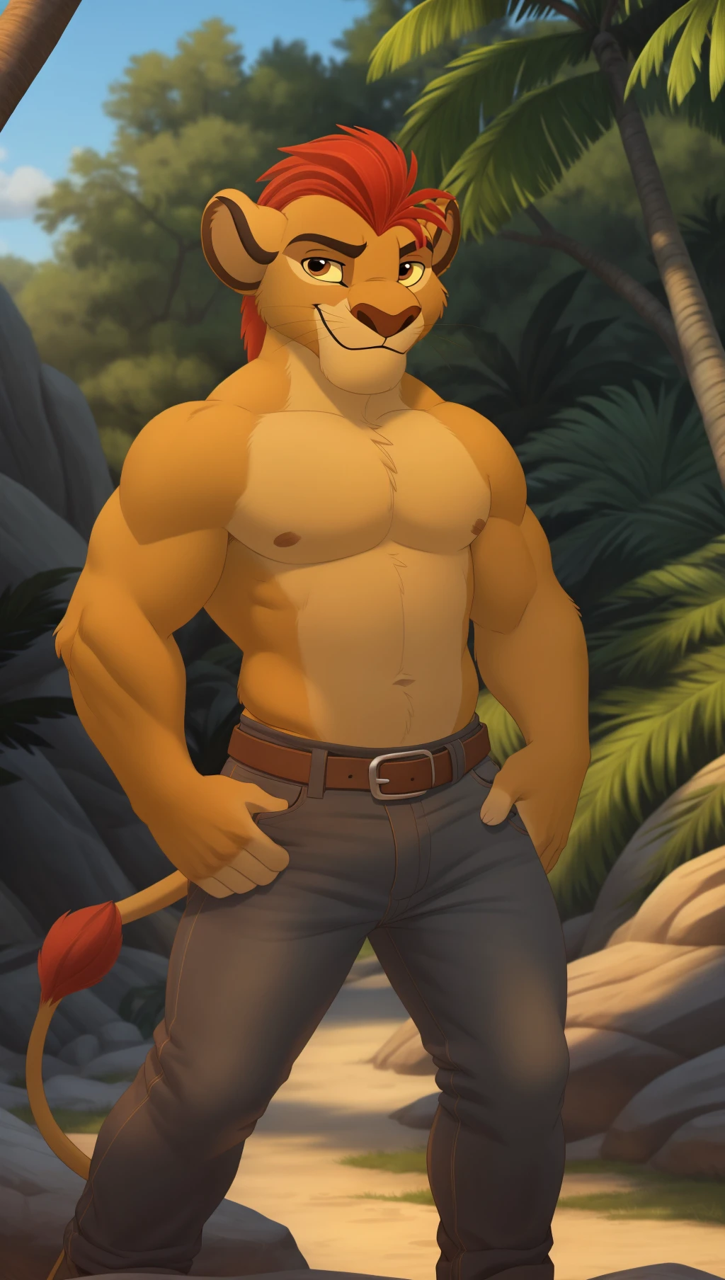 <lora:C96A56F881:0.7> Majestic male cute lion (kion, the lion gaurd), muscular, bara, (posing:1.3), (soft shading), 4k, hi res, five fingers, detailed hands, ((detailed face, (detailed eyes:1.0), detailed)), by zackarry911, by zaush, (by personalami:0.5), solo, looking at viewer, smile, shirt, 1boy, jungle, trees , male focus, belt, pants, black shirt, denim, jeans,