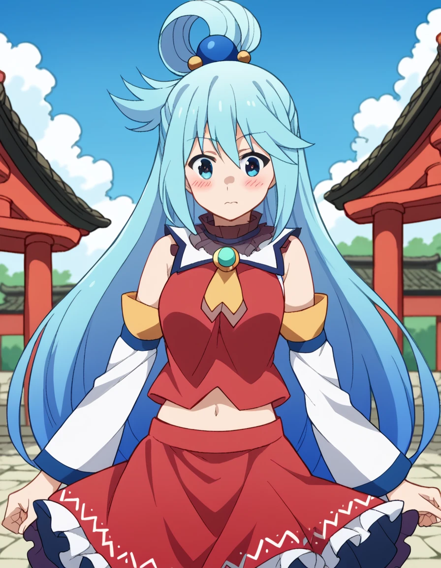 score_9, score_8_up, score_7_up, source_anime, konosubaaqua, <lora:konosuba-aqua-s2-ponyxl-lora-nochekaiser:1>, aqua (konosuba), long hair, blue eyes, hair ornament, very long hair, blue hair, hair rings, single hair ring, hair bobbles,, <lora:hakurei-reimu-cosplay-ponyxl-lora-nochekaiser_r1:1>, hakureireimucosplay, hakurei reimu \(cosplay\), ascot, bare shoulders, detached sleeves, frilled bow, frilled shirt collar, frilled skirt, frills, midriff peek, red skirt, red shirt, sleeveless, sleeveless shirt, white sleeves, yellow ascot,, shrine, outdoors, blush,, cowboy shot, dutch angle, solo,